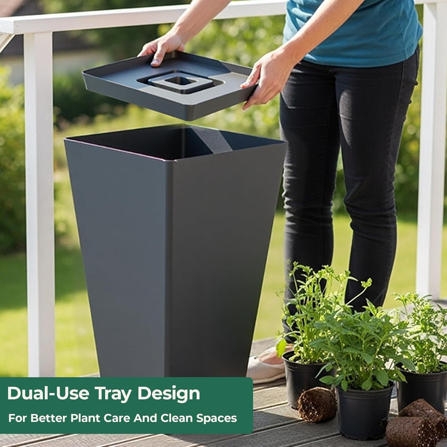 WORTH Garden Large 28 in.Tall Planters Set of 2 for Indoor and Outdoor, Heavy Duty Plastic Black Modern Taper Flower Plant Pots with Drainage Hole and Dual-Purpose Tray for Front Porch, Patio