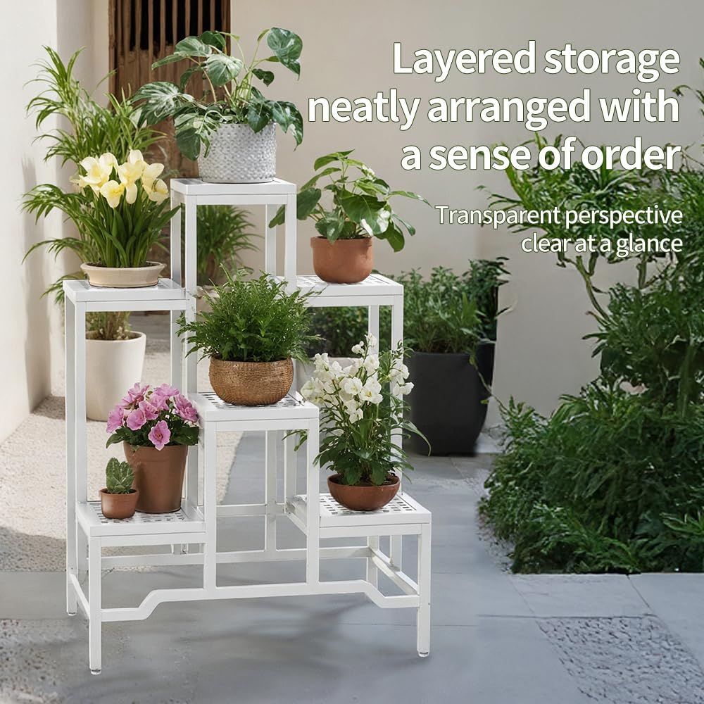 Plant Stand - Aluminum Indoor/Outdoor Flower Rack, Waterproof & Rust-Proof, Stable Support for Pots, Perfect for Living Room, Balcony, Garden, and Office (White, 6 Tier)