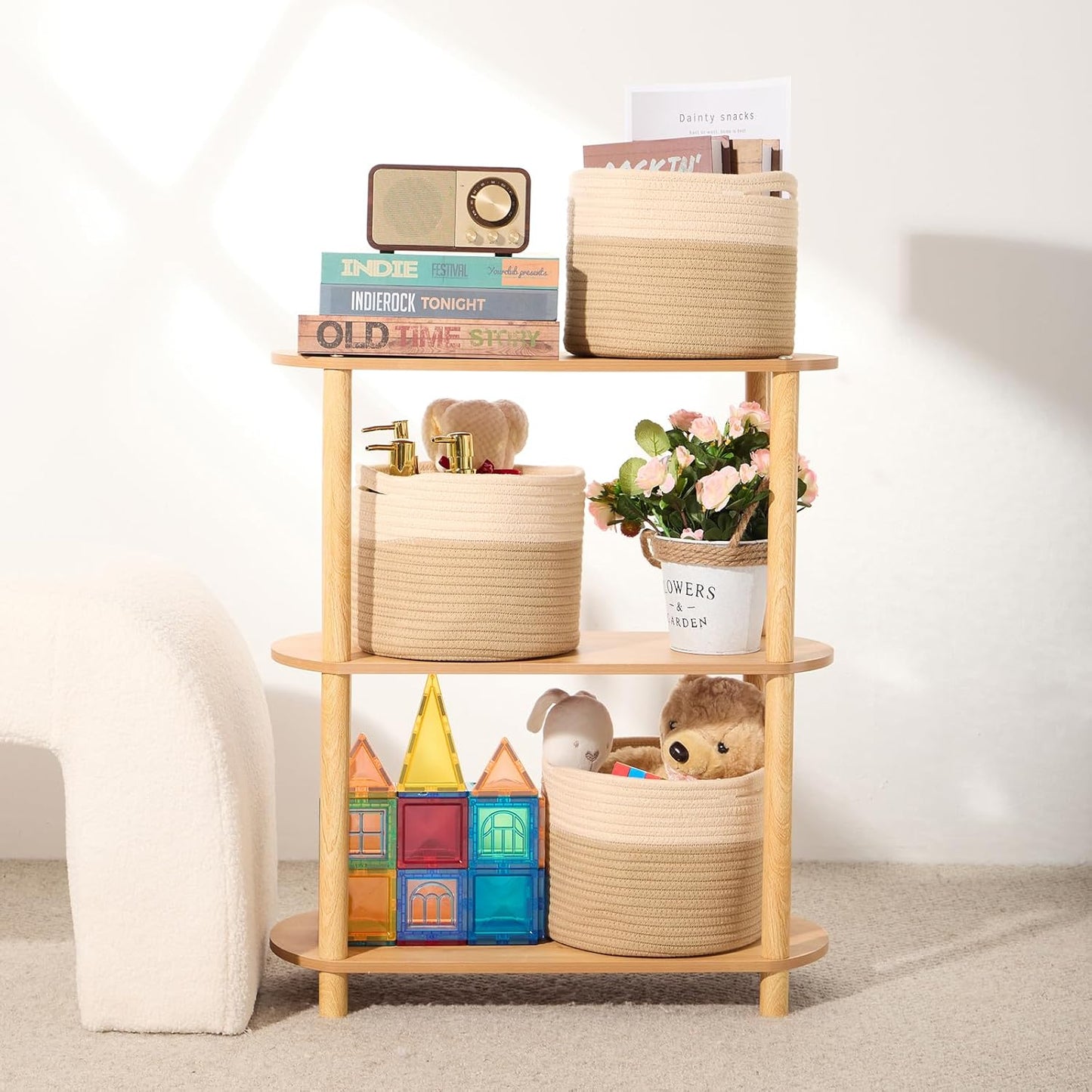 Small Basket for Organizing | Cube Shelf Closet Storage Baskets | 9.7×9.7×7.1” | Woven Rope Gift Basket | Nursery | Round 3 Packs Tan