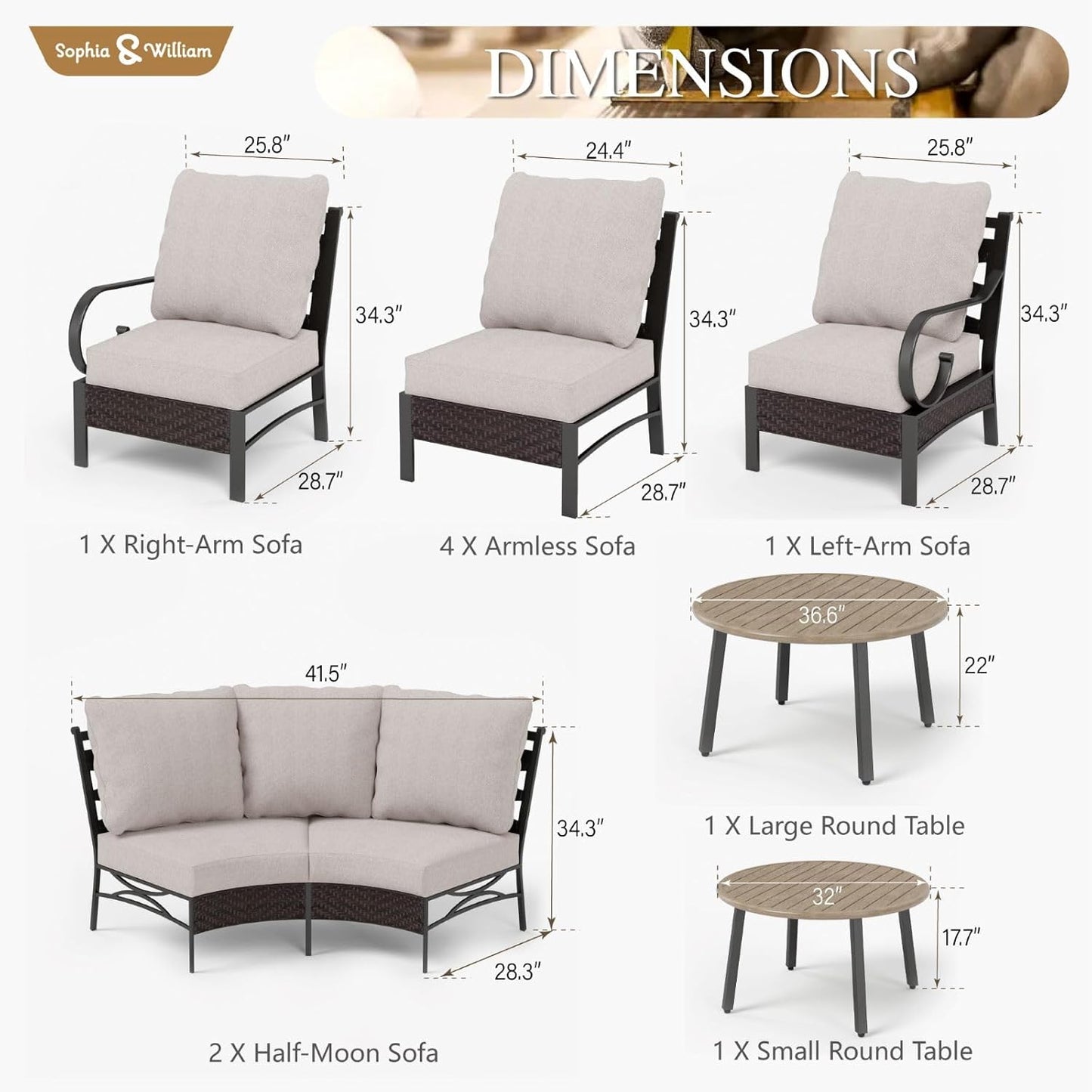 Sophia & William Half-Moon Patio Furniture Set, Curved Outdoor Sofa for 6 with Coffee Table, Rattan Sectional Sofa Outdoor Conversation Sets,Beige