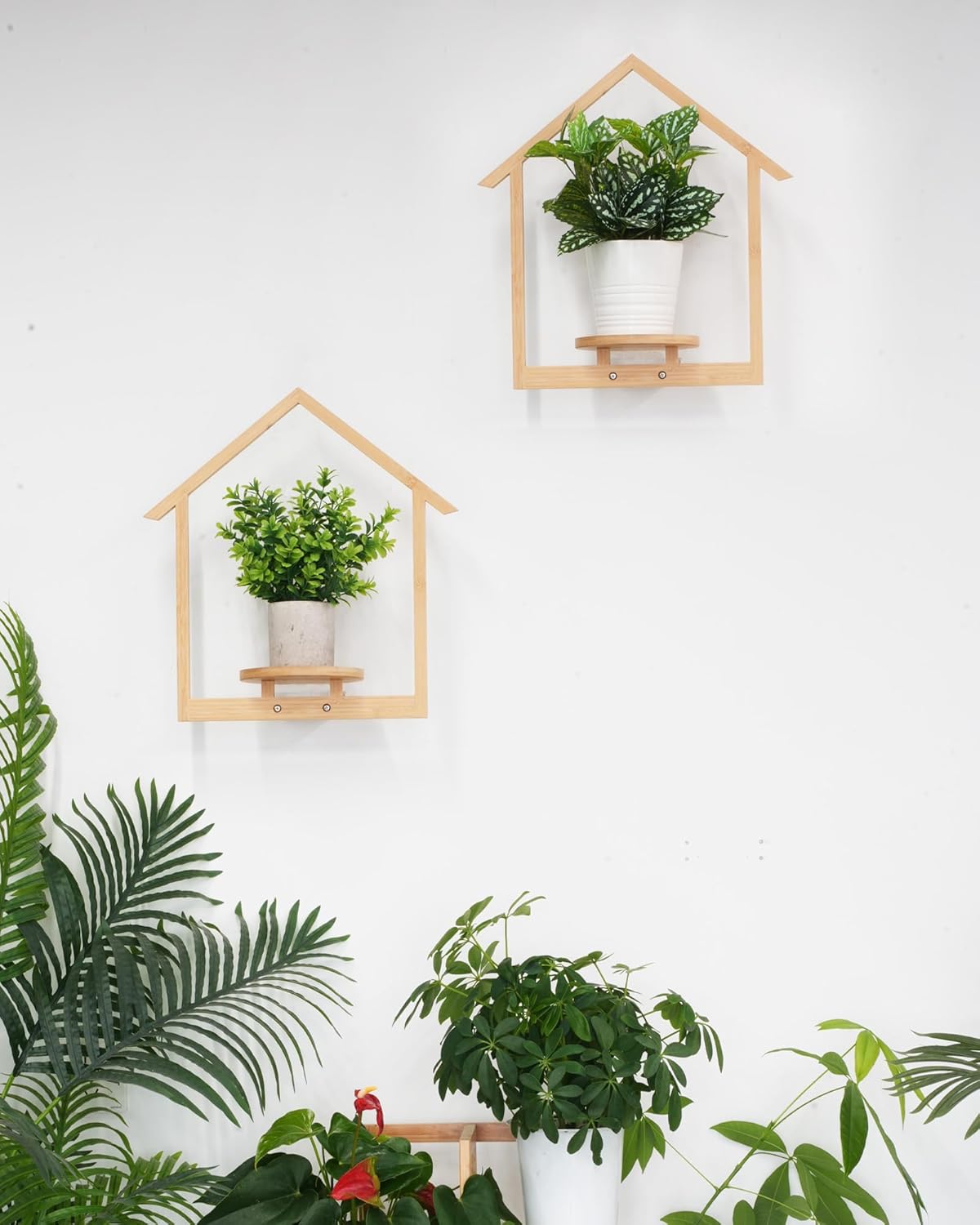 yadoker Wall Planters for Indoor Plants,Bamboo Hanging Plant Holders in a House Shape, Wall Decor Plant Stand, 3-Pack Window Plant Shelves for Living Room & Entryway