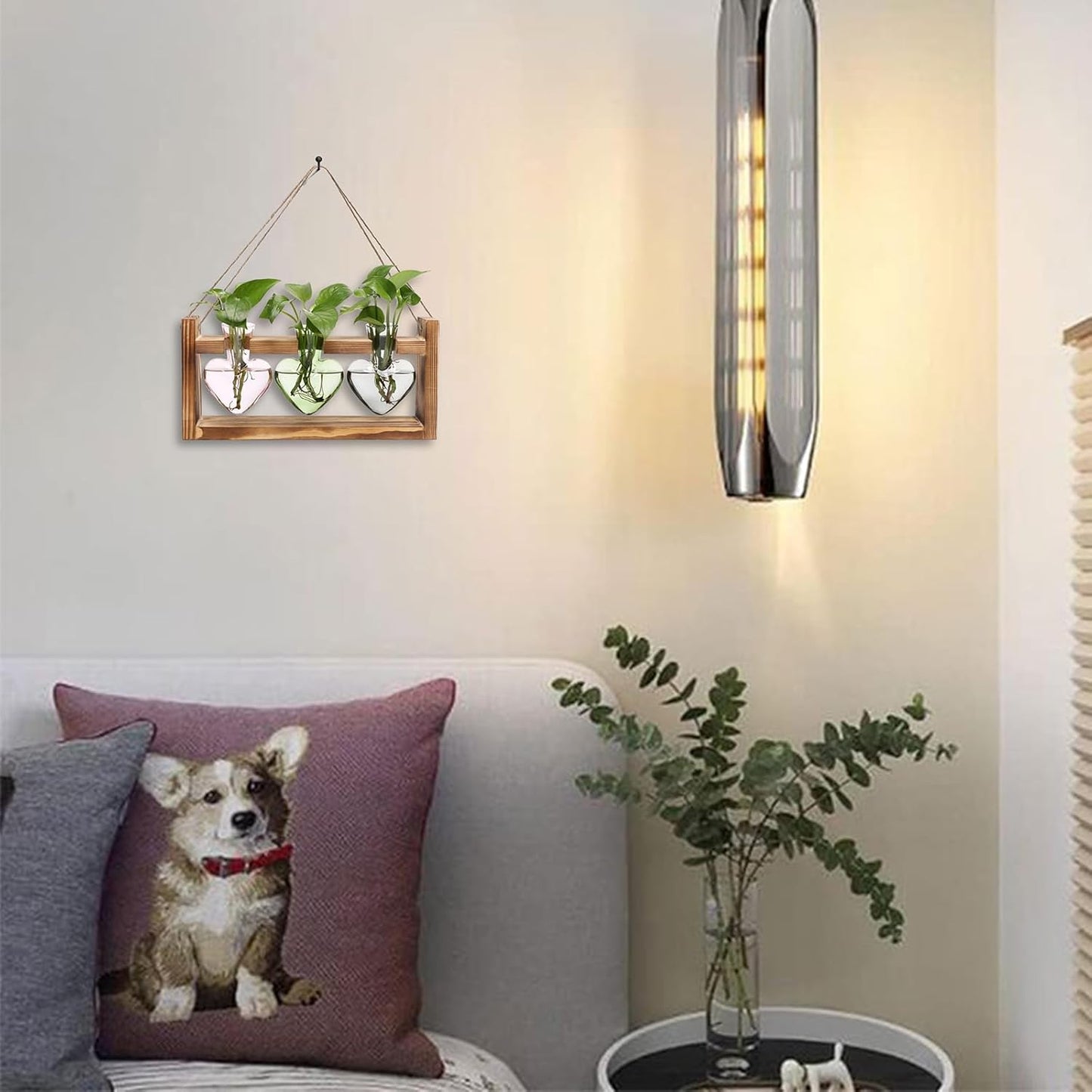 Plant Terrarium Propagation Stations Hydroponics Home Garden Decoration Gift for Women with Wooden Stand Heart Shaped Colored Glass Vase