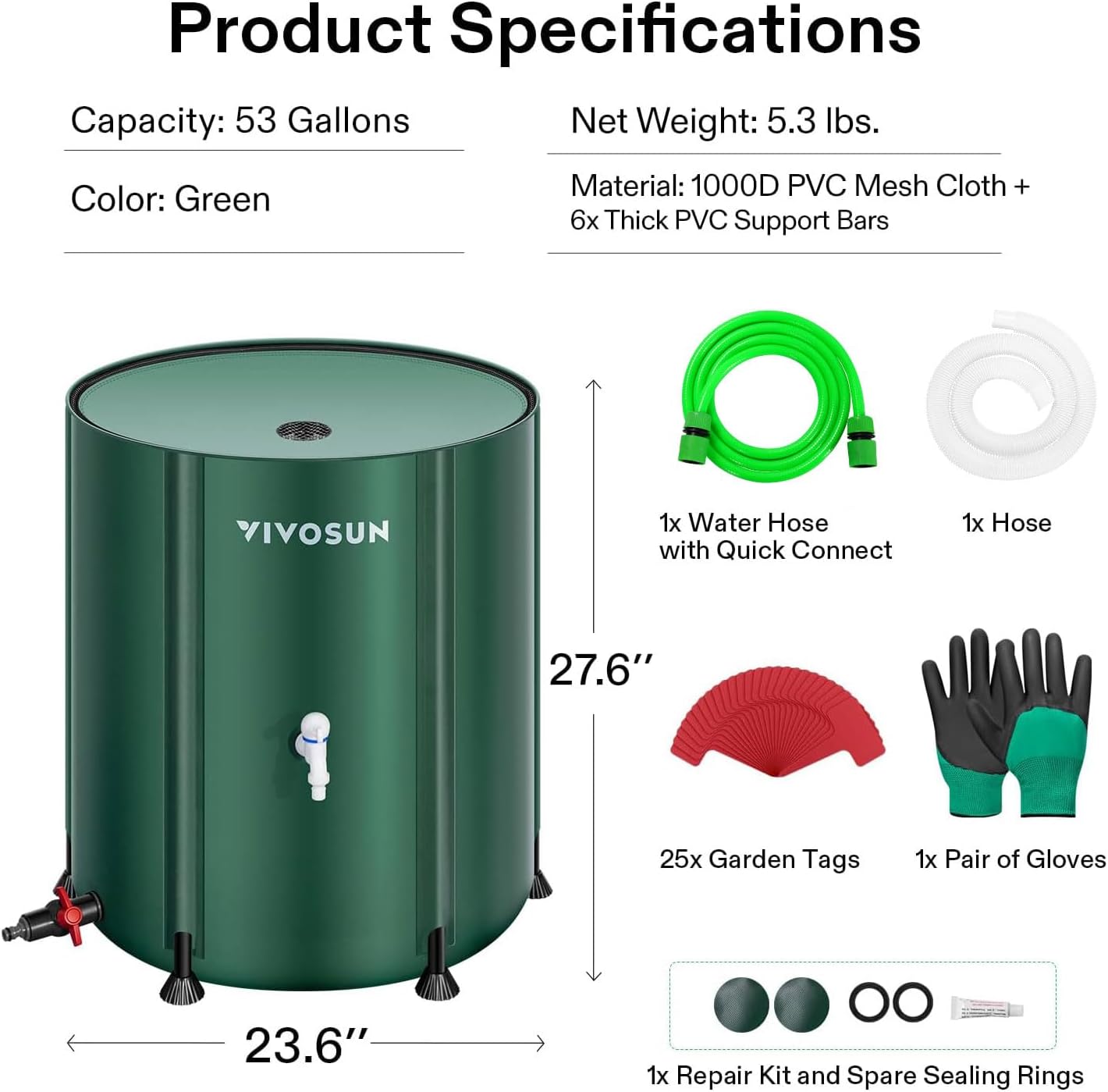 VIVOSUN Collapsible Rain Barrel, 53 Gallon with 1000D Oxford Cloth, Portable Rain Collection System, Water Barrel Collector w/Filter Spigot, Green