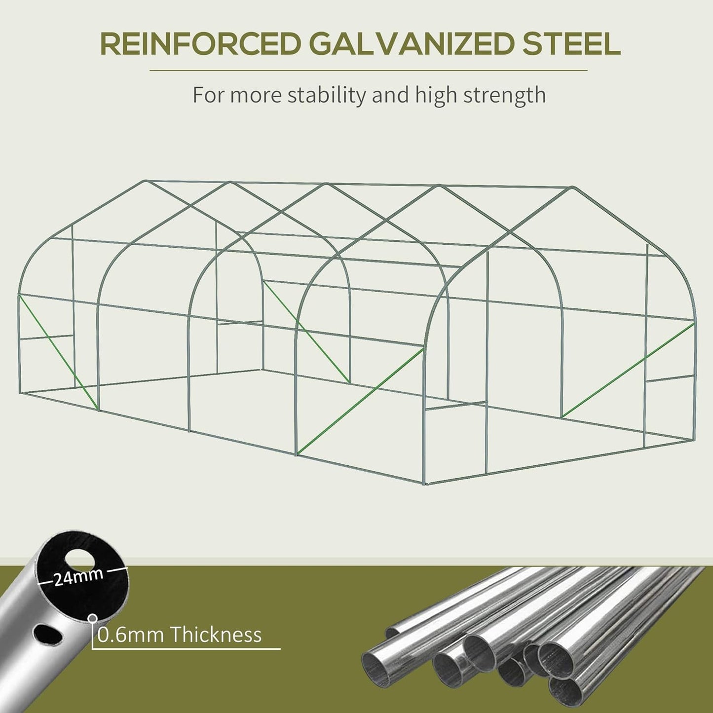 Outsunny 20' x 10' x 7' Walk-in Greenhouse, Tunnel Green House with Galvanized Steel Frame, Hoop House Kit with Zippered Door and 6 Windows, White