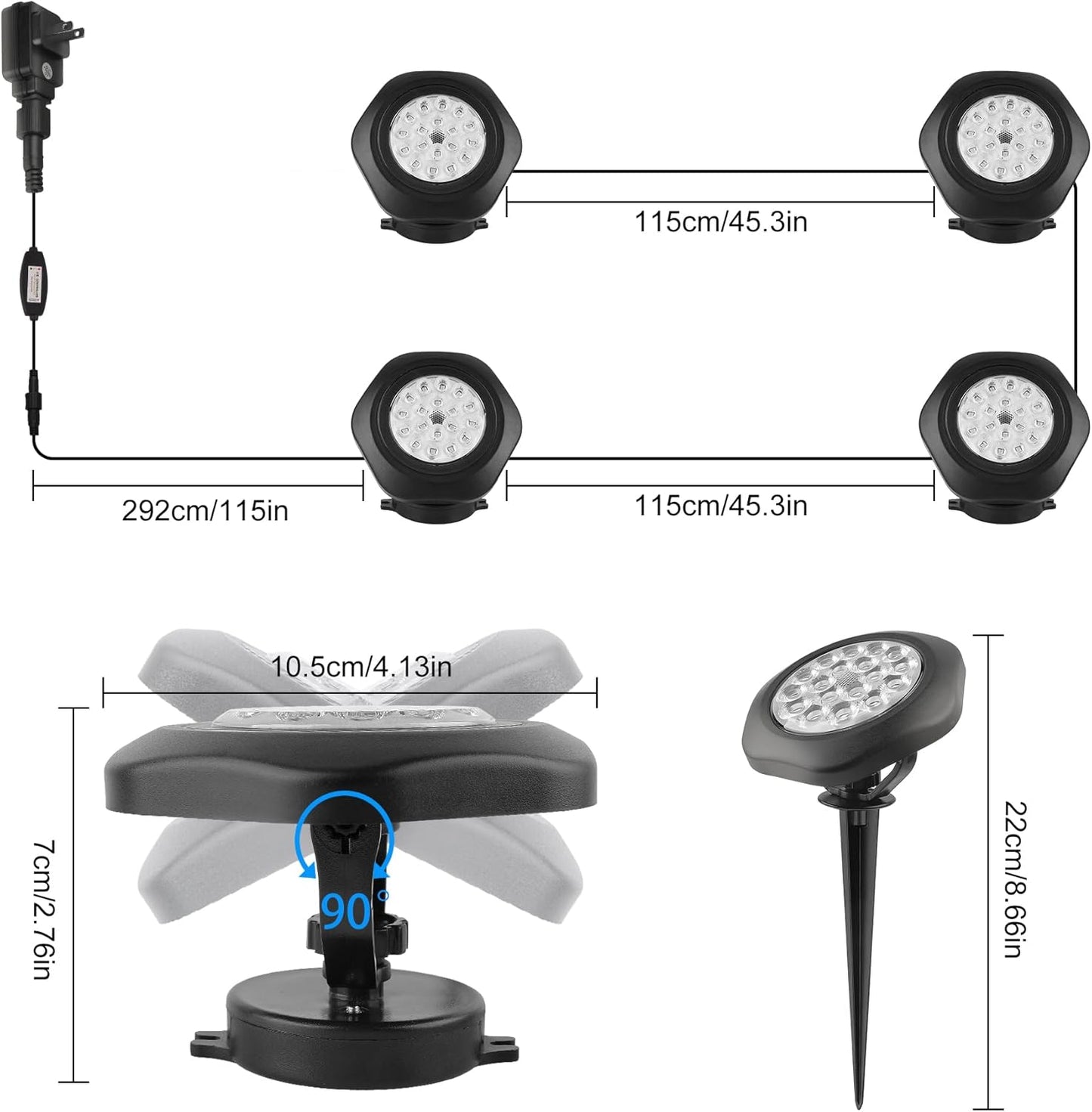 RGBW Pond Lights with Timer, 18 LED Super Bright Underwater Submersible Fountain Lights Color Changing Spotlights, Remote Control IP68 Waterproof for Fish Aquarium Tank Garden Pool (Set of 4)