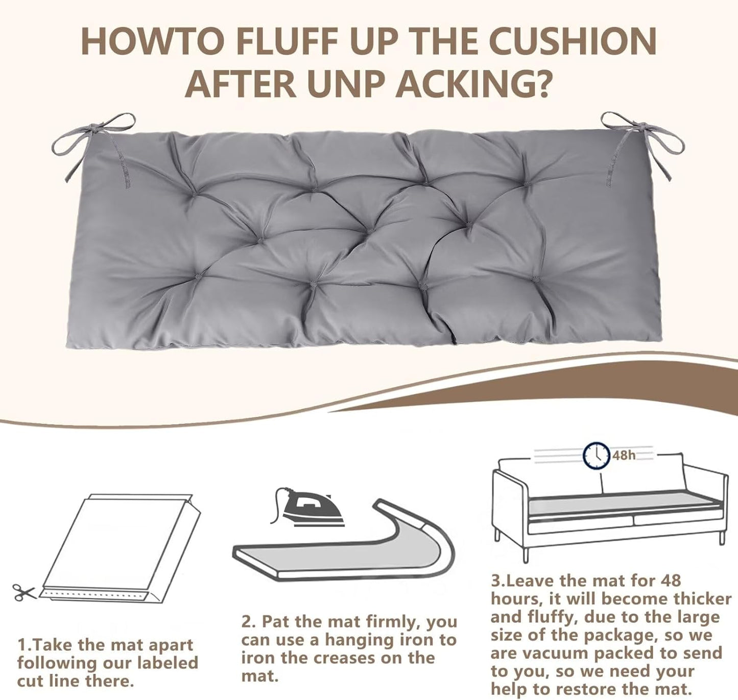 39.3in Waterproof Indoor/Outdoor Garden Bench Seat Cushions,Thicken Patio Bench Soft Rocking Chairs Pad Lounger Seat for Wicker Loveseat Settee(39.3 X 19.10 in,Light Grey )