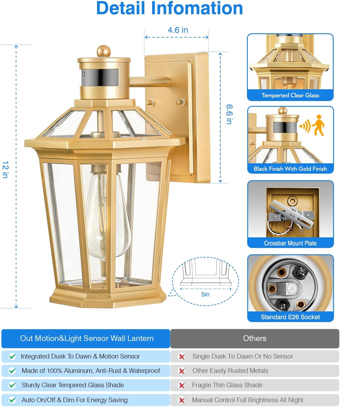 VIANIS Gold Outdoor Wall Lights with Motion Sensor, Dusk to Dawn Outside Porch Lights Lantern, Waterproof Weather Resistant Exterior Lights for House, Doorway, Garden, Home with Clear Glass Shade