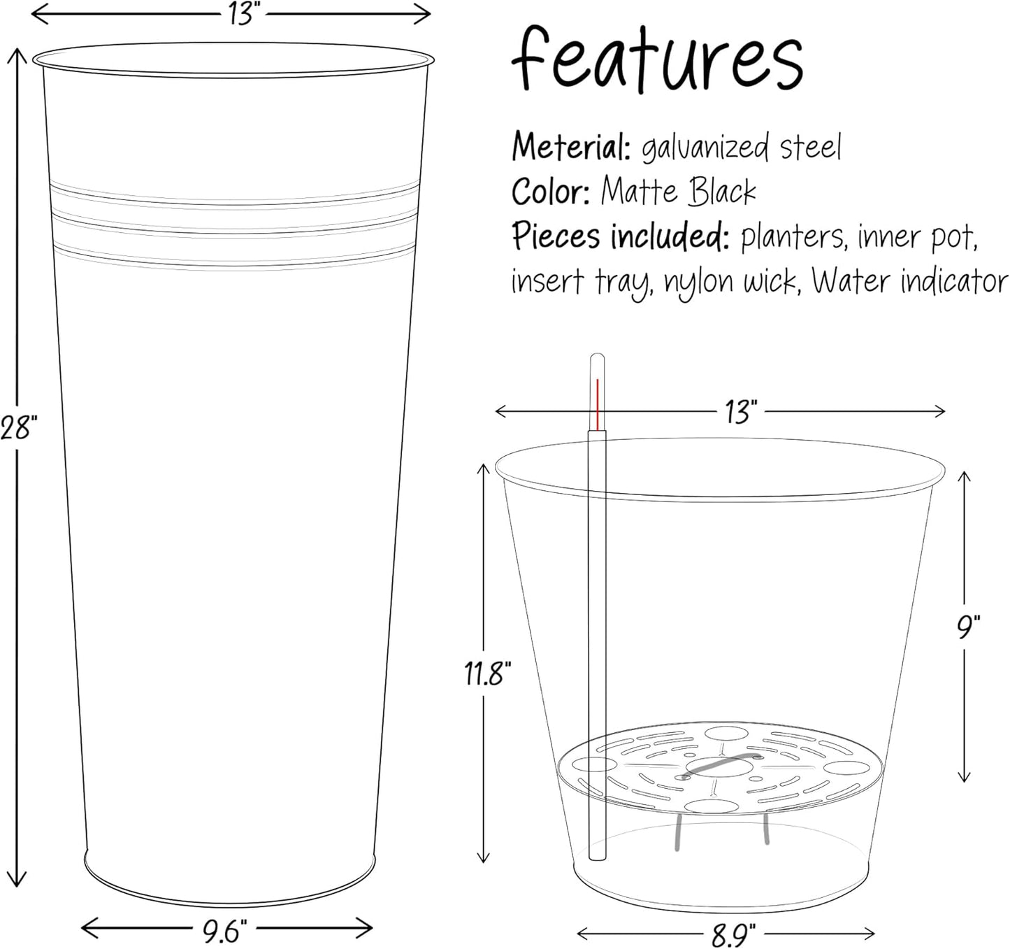 KOL 28'' Tall Galvanized Steel Planter Pot - Flower Pot with Water Level Indicator for Plants - 2-Pack Self Watering Planters - Round Black Powder Metal Planter Box - Indoor Outdoor Grande Plant