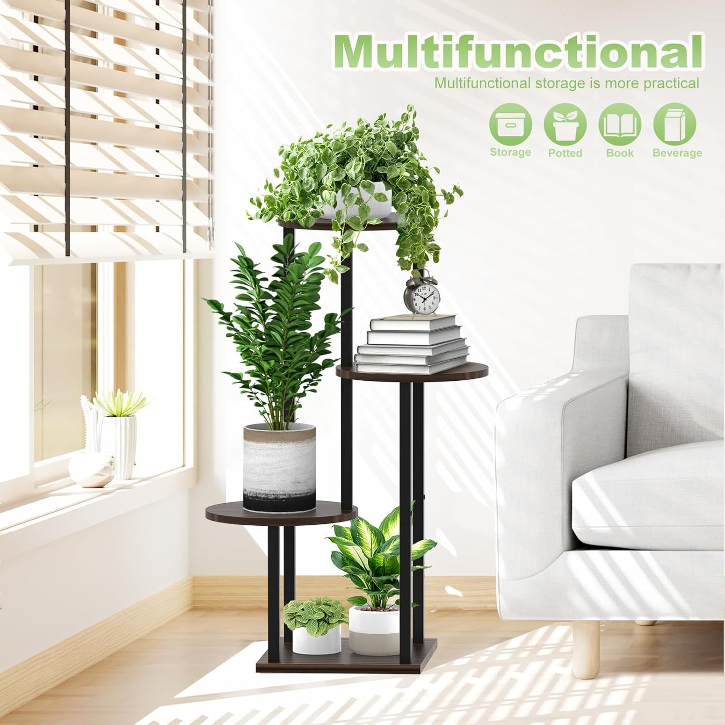 4 Tier Wood Tall Plant Stand Metal Rack Indoor, Multiple Flower Pot Holder Shelves Corner Rack, Round Planter Shelf Display Rack Storage Organizer for Patio Living Room Balcony(Black Oak)