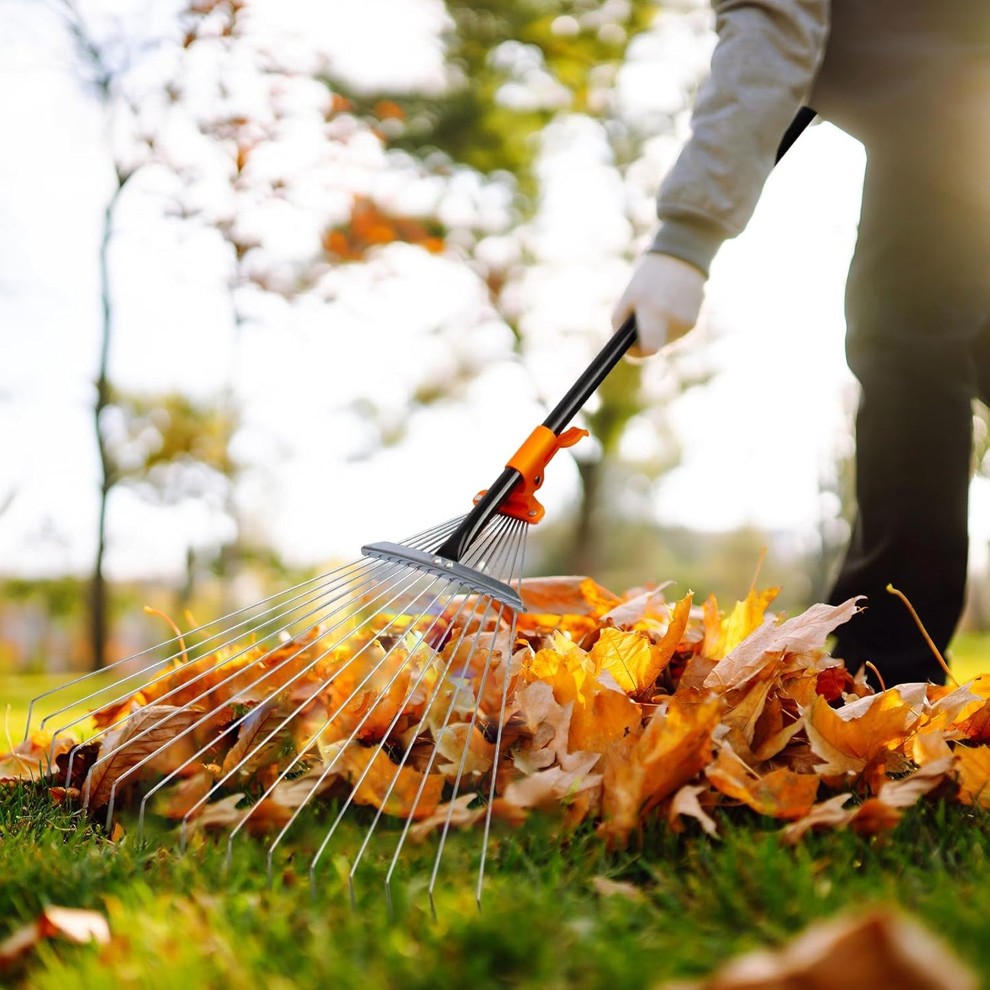Leaf Rake for Lawns, Adjustable Garden Rake for Leaves with Long Handle, 61 Inches