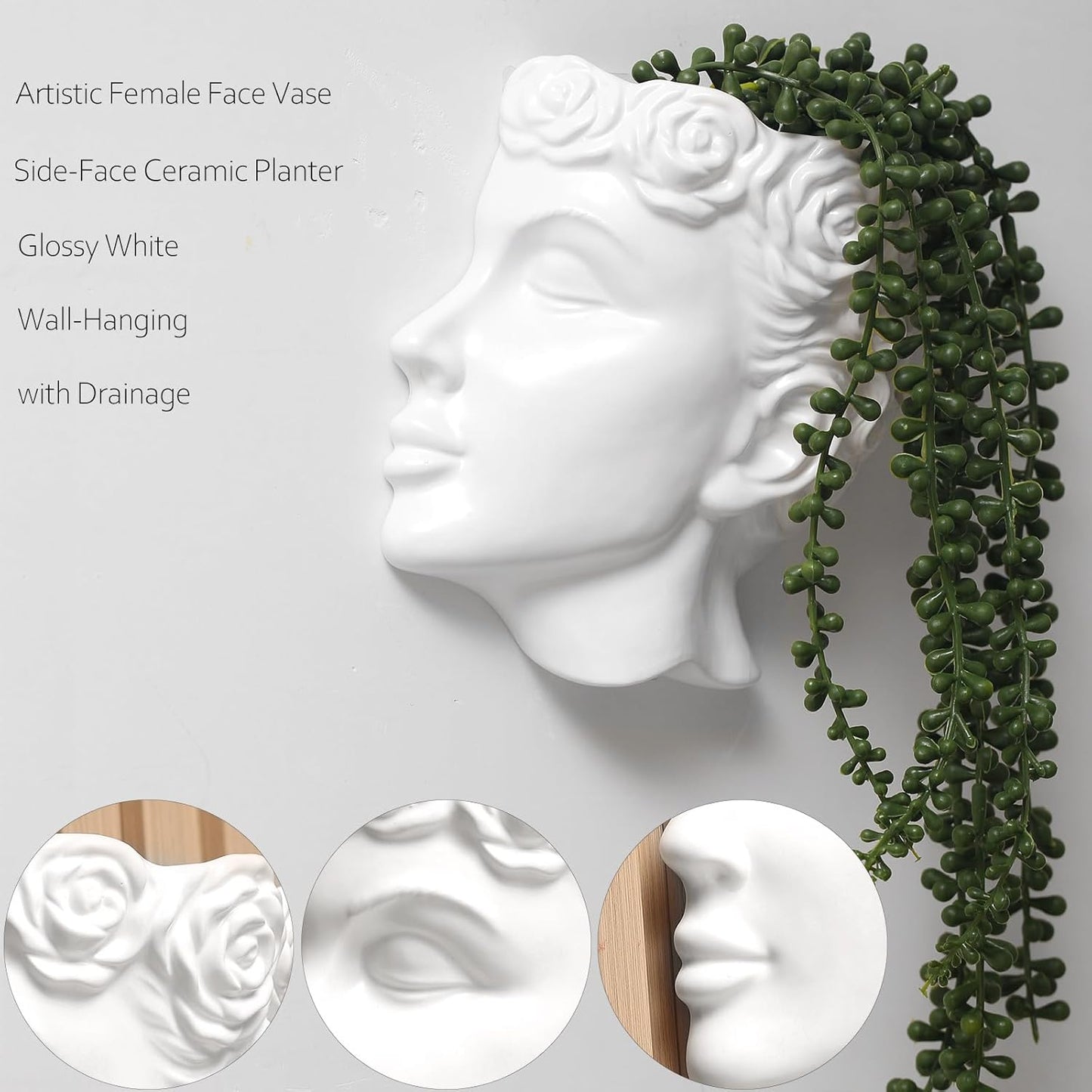 Side-Face Ceramic Planter – Glossy White, Wall-Hanging, with Drainage – 6.7"" Artistic Female Face Vase