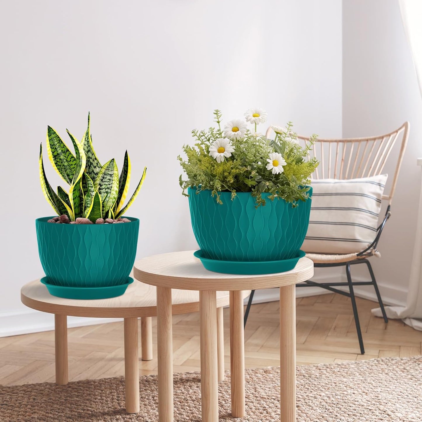 Plant Pots 12/10/9 Inch Pots, Set of 3 Plastic Planters with Drainage Holes and Saucers,Plastic Flower Pots,Nursery Planting Pot for Indoor Out Door Plants(Teal)