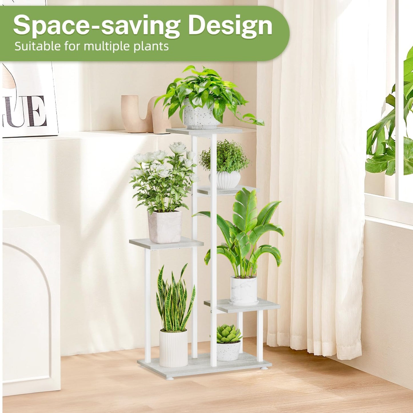 iDavosic.ly 5 Tier Plant Stand Indoor, Tiered Corner Plant Shelf for Multiple Plants, Metal Wood Tall Plant Display Rack Flower Holder for Patio Porch Garden Balcony Bedroom, White