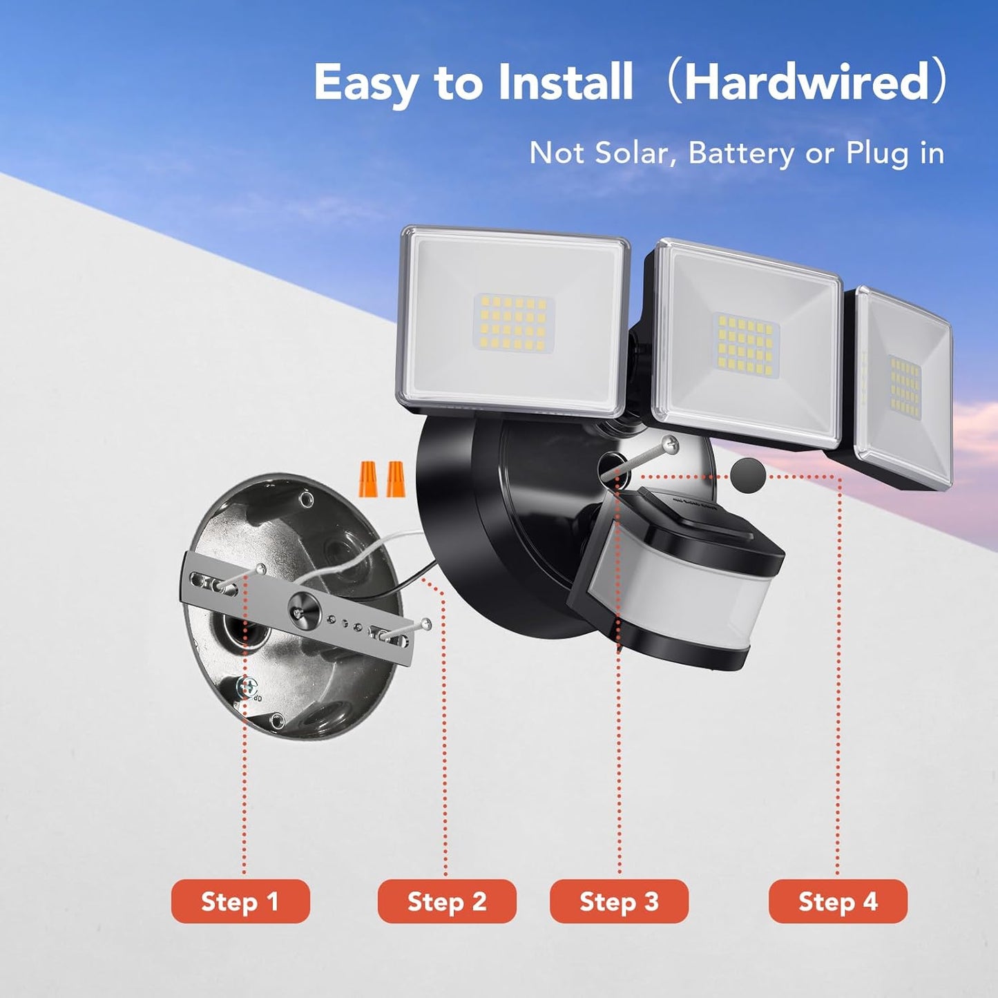 OREiN 2 Pack Motion Sensor Outdoor Lights, 4500LM/30W 180°/50FT Motion Sensor, Dusk to Dawn Flood Lights Outdoor IP65 Waterproof 3 Modes LED Security Light for Garage, Yard, Black (Hardwired)