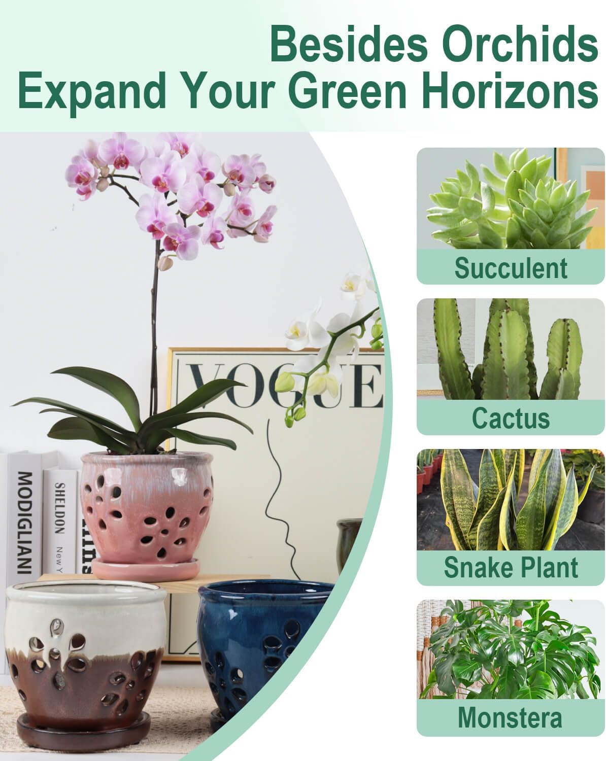 vensovo 5 Inch Ceramic Orchid Pots with Holes and Saucers - 1 Pcs Small Succulent Pot for Repotting, Garden Flowerpots for Plants Indoor and Outdoor Promotes Air Circulation, Blue