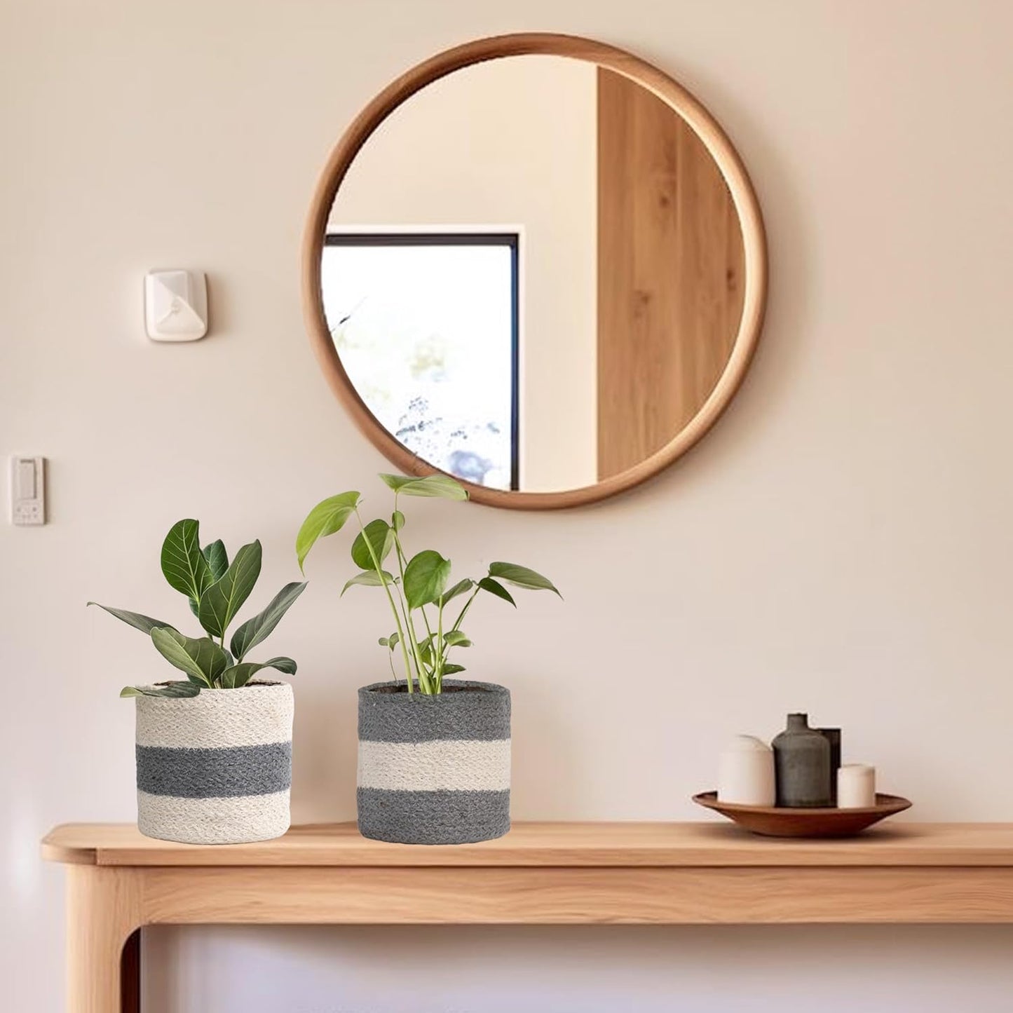 Jute Planter Basket-Woven Jute Rope Covers for Decorating Indoor/Outdoor Succulents, Small Plant Pots-Set of 2-Multi-Purpose Storage Bins 6.5 Inches - Modern Style Décor - Gray & White