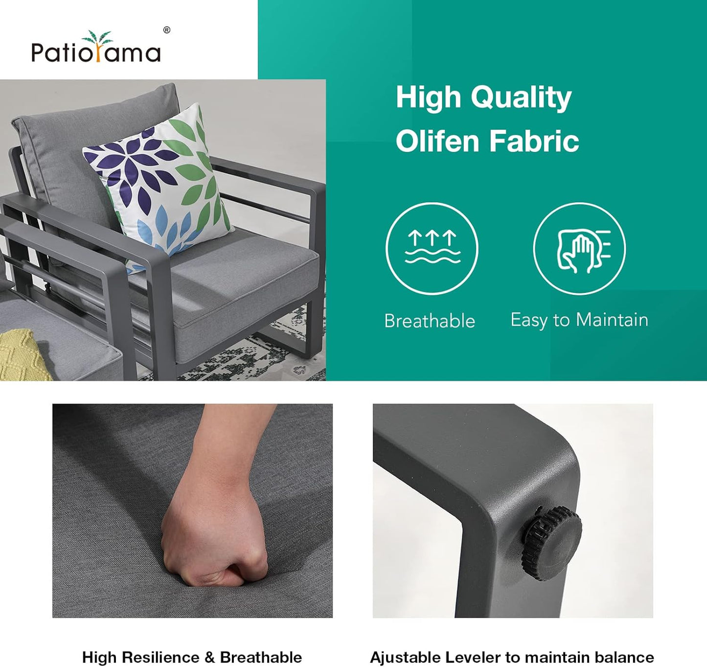 Patiorama Aluminum Patio Furniture Set, Outdoor Patio 3-Seater Sofa, 3 Seats Couch, All Weather Dark Grey Metal Chair with Olefin Cushion, Deep Seating, 800 lbs Capacity, Deck, Garden-Grey Cushion