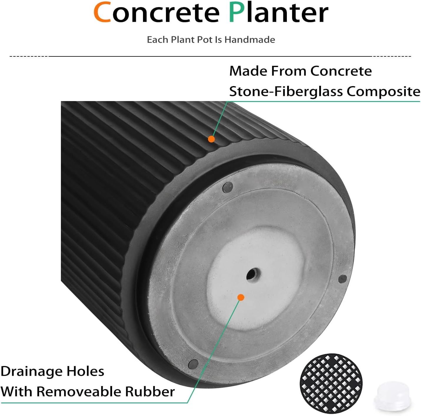 Round Concrete Planter Outdoor Indoor, Large Cement Plant Pots for Flowers (Vertical Black, 16 inch)