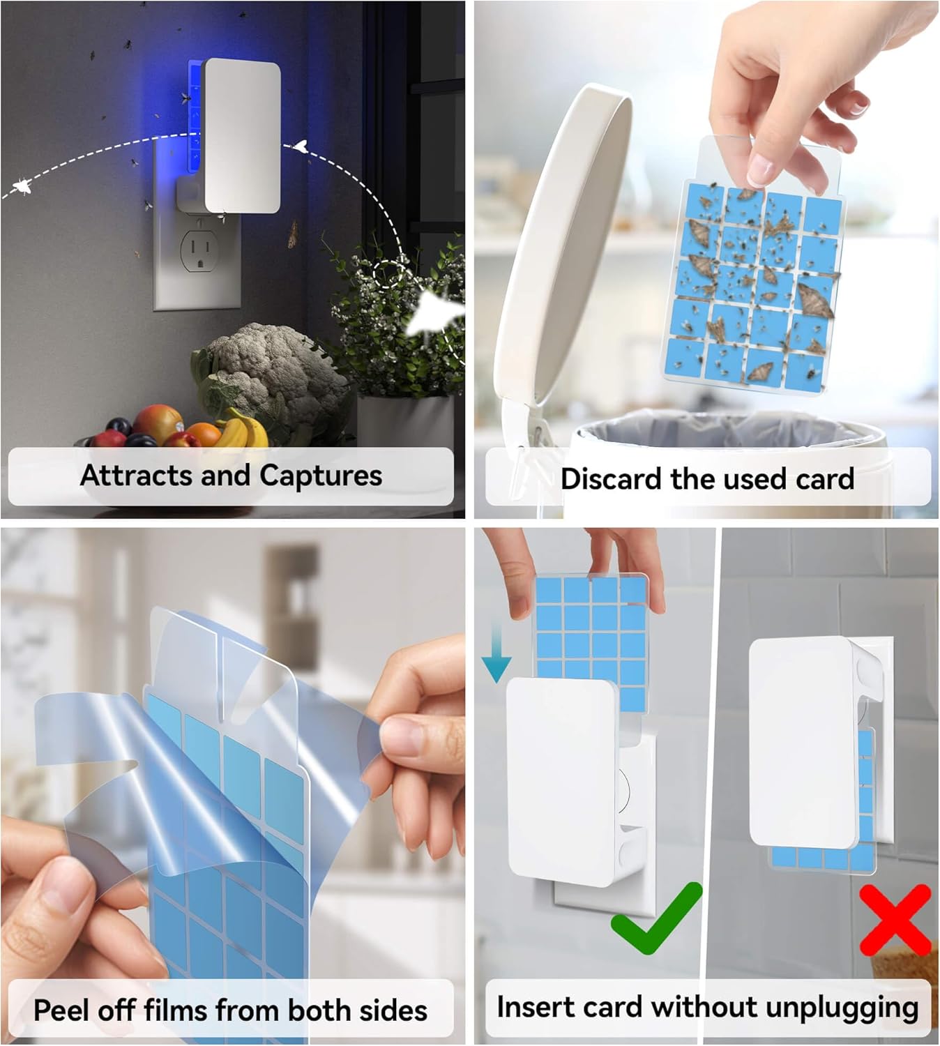 Innovative Double-Sided Flying Insect Trap for House Indoor, Plug-in Light Bug Catcher Killer for Flies, Fruit Fly, Gnats, Mosquito, Moths, Best Home Sticky Traps (2 Devices 6 Cards)