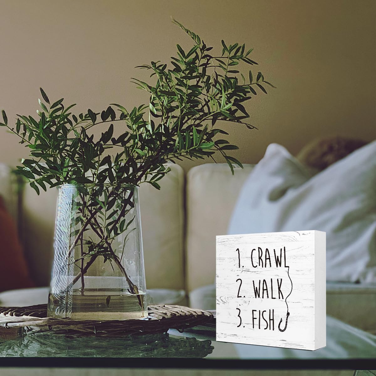 White Crawl Walk Fish Rustic Wooden Sign Desk Decor, Funny Baby Fishing Wood Block Sign for Home Bedroom Baby Room Shelf Table