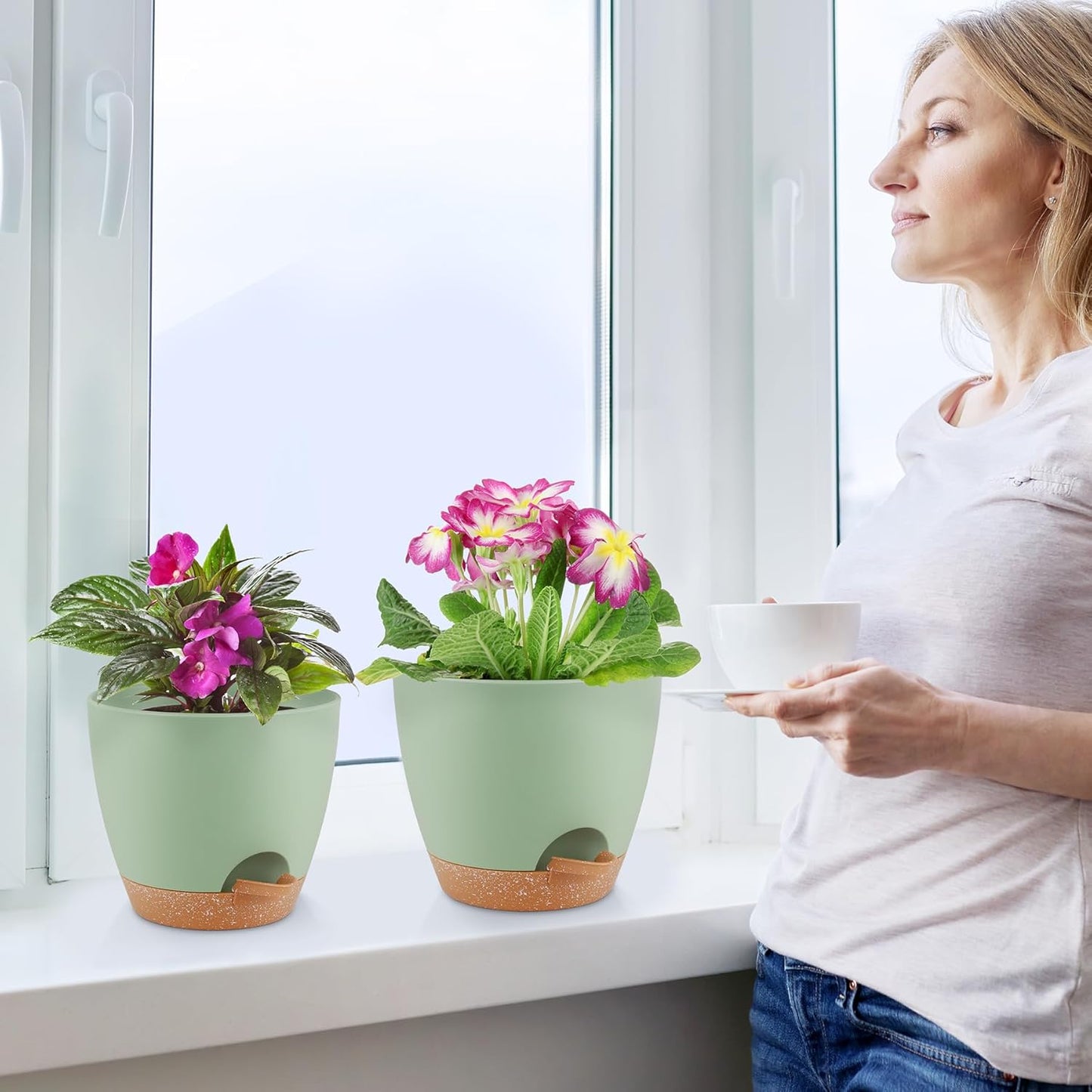 Plant Pots 8/7/6.5/6/5.5/5 Inch Self Watering Pots, Set of 6 Plastic Planters with Drainage Holes and Saucers,Plastic Flower Pots,Nursery Planting Pot for Indoor Out Door Plants(Green)