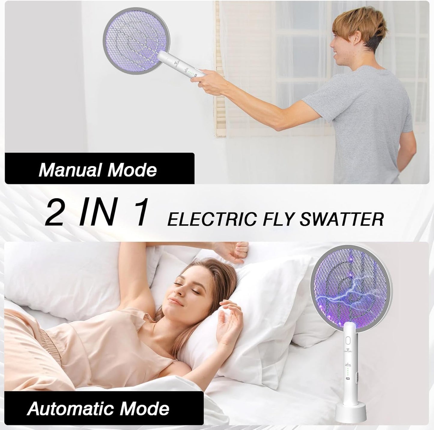 Bug Zapper Racket, 2 in 1 Electric Fly Zapper USB Rechargeable, 4000V Electric Fly Swatter with 3 Layer Safety Mesh, Indoor Outdoor Bug Zapper Racket for Kitchen, Bedroom, Camping(2 Pack