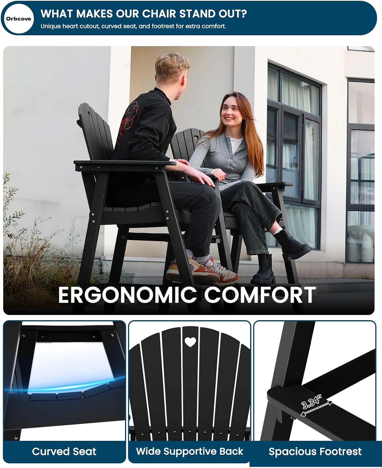 Tall Adirondack Chairs Set of 2-Durable HDPE Outdoor Bar Stools with Double Connecting Tray, Weatherproof Patio Furniture for Poolside, Backyard, Deck & Lawn Relaxation (Black)