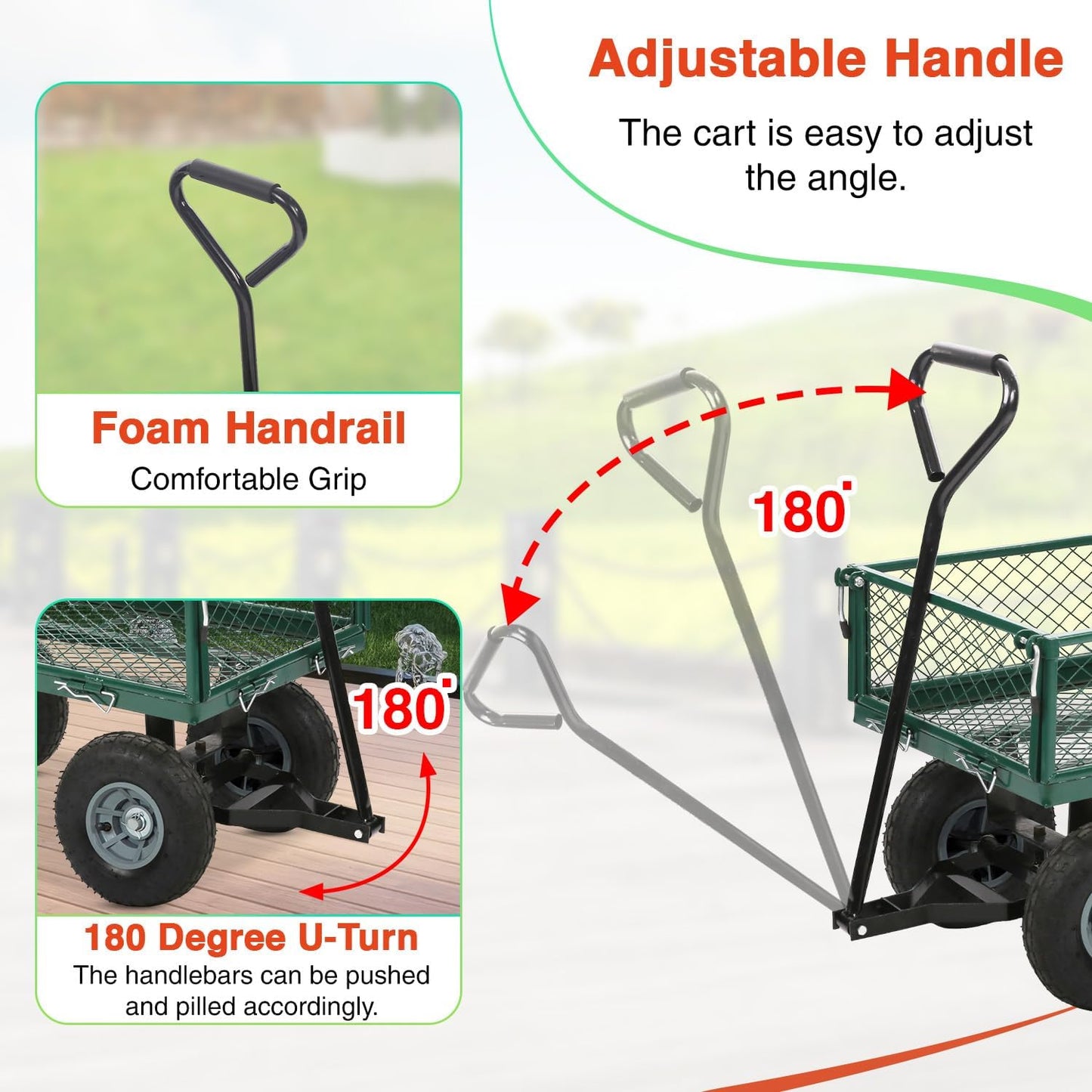 FDW Garden Cart Streel Heavy Duty 500 LBS Capacity,Utility Cart Wagon with Removable Sides and 180°Rotating Handle for Yard, Lawn and Garden Hauler (Dark Green)