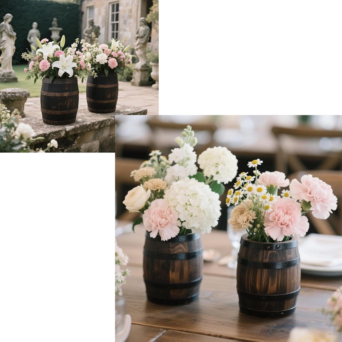 2 Pcs Wood Wine Barrel Vase 6" x 5" β Rustic Wooden Flower Vase Planter for Wedding Reception, Home Indoor Outdoor Garden, Kitchen, Party Table Decoration