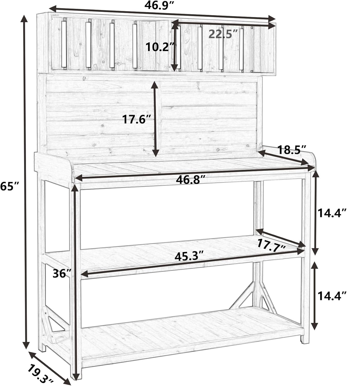 Merax 65" Large Wooden Farmhouse Rustic Outdoor Potting Bench Table with 4 Storage Shelves and Side Hook, Patio Workstation, for Garden, Backyard, Natural