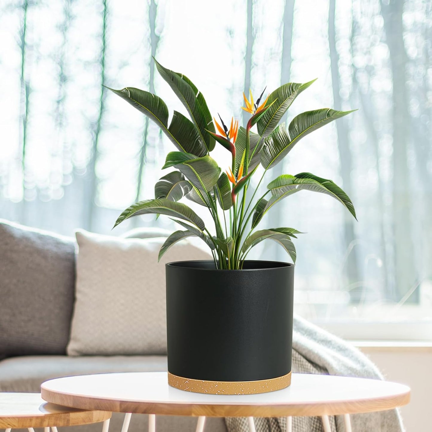 8 Inch Cylinder Plant Pots for Indoor Outdoor Plants, Medium Deep Flower Pots with Drainage Holes & Saucer, Decorative Plastic Planter Pots for Garden House Plants, Black with Brown