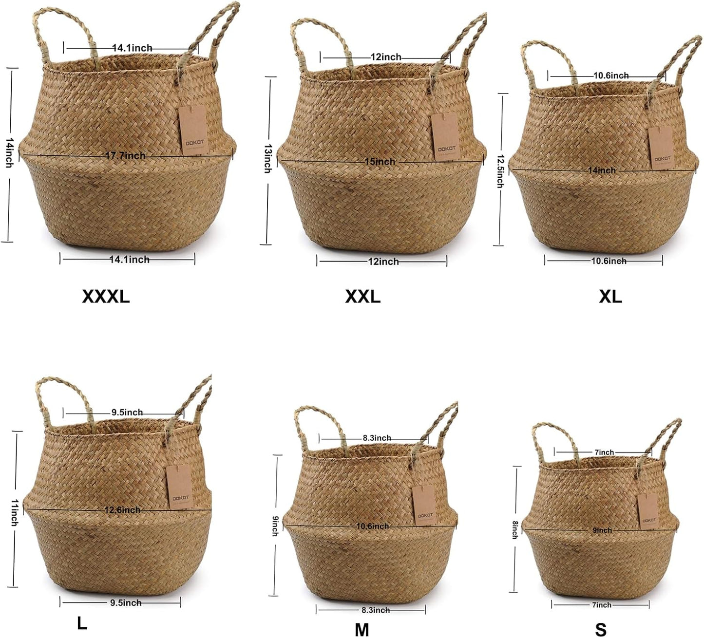 DOKOT Seagrass Plant Basket with Handles, Woven Storage Basket, 7inch Diameter x 8inch Height