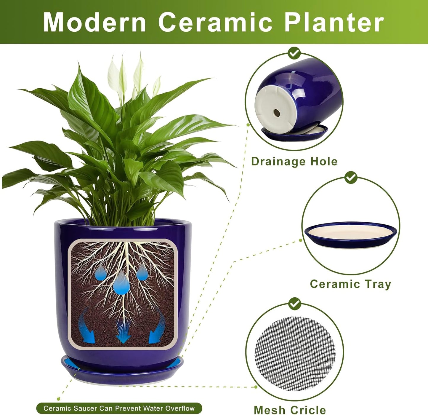 Ceramic Planter - 12 Inch Pots for Plants Ceramic Plant Pot Indoor with Drainage Hole and Saucer Large Planter Flower Pot Outdoor for Home Garden Decor Blue
