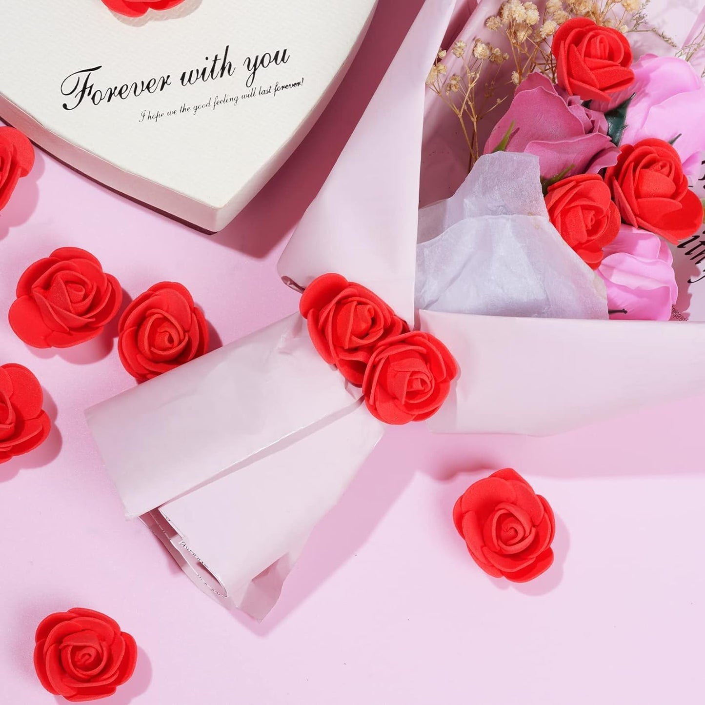 Mini Fake Rose Flower Heads 144pcs Mini Artificial Foam Roses DIY Wedding Flowers Accessories Make Bridal Hair Clips Headbands Dress (Bottom add Gauze) for Valentines Day,Wedding,Bridal Shower (Red)