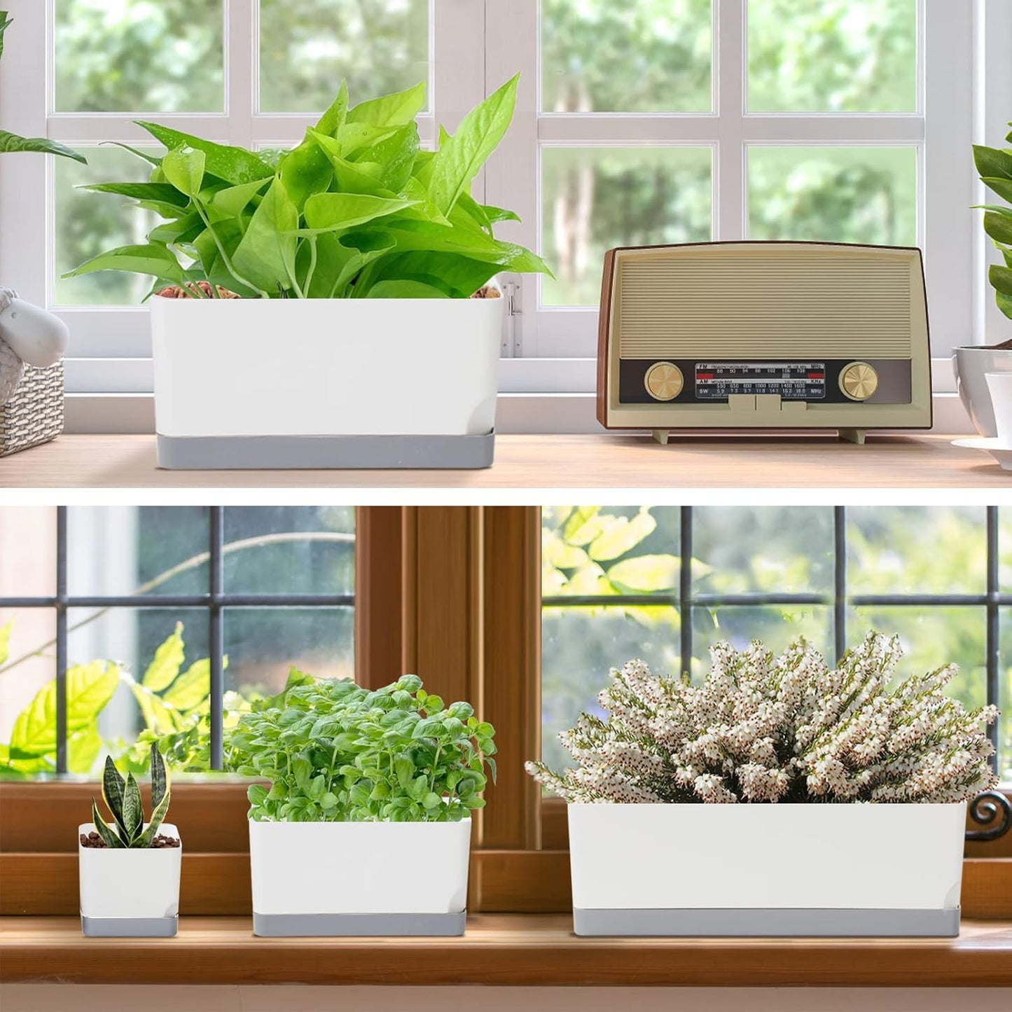Self Watering Planters Pots for Indoor Plants, 7 Pack Plastic Planter Box Flower Pots for Indoor Outdoor Plants, Rectangle Herb Planter Window Boxes Planterswith Drainage, Light Gray Tray