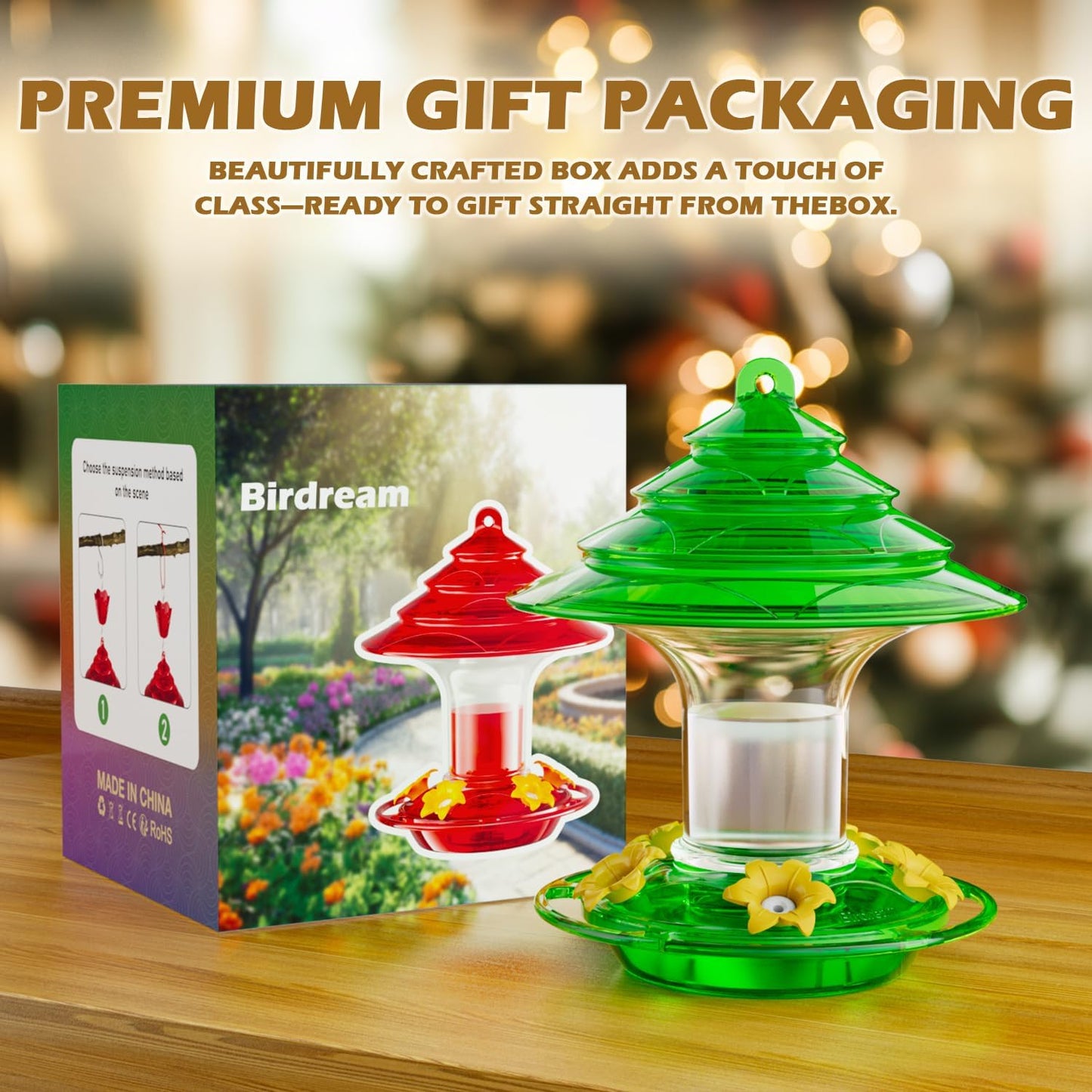 Birdream Hummingbird Feeder for Outdoors Hanging 40oz 10 Feeding Ports, 2 Pack Humming Bird Feeder with Ant Moat Brush Leak Proof - Green