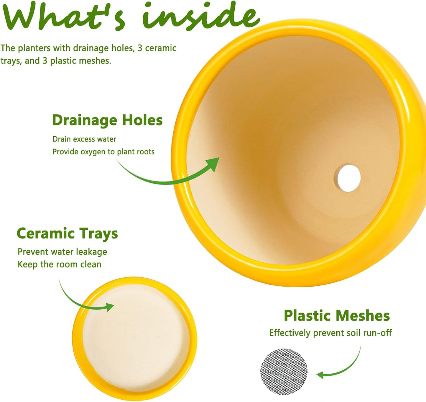 Ceramic Planters Set of 3 - Modern Round 10+8+6 Inch Plant Pots with Drainage Holes and Plant Trays for Indoor Outdoor Flowers, Decorative Garden Room Home Decor, Housewarming Gifts, Yellow