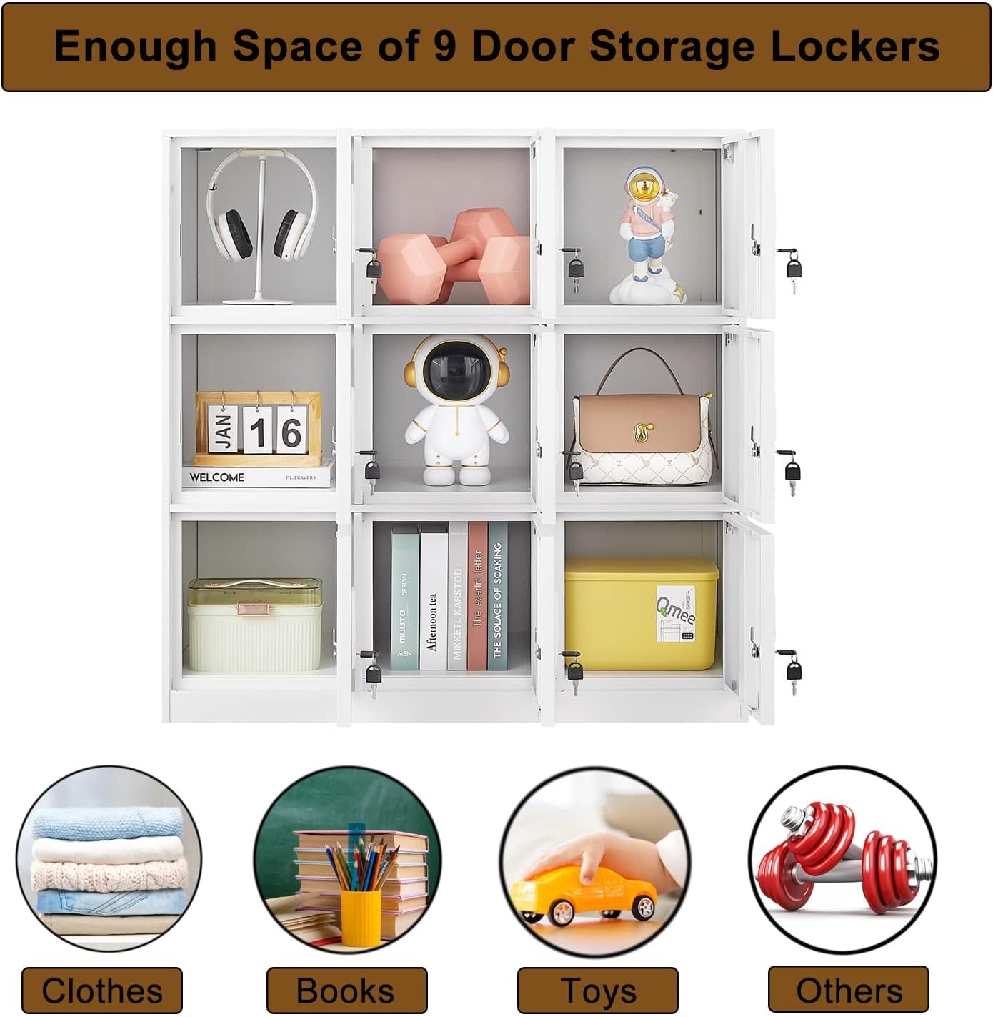 Student Locker Organizer, Multi-Door Steel Locker, Small Locking Cabinet Storage Organizer, Office File Cabinet, Home Locker, Gym Locker, Metal Storage Locker - Gray and White (9 Door, White)