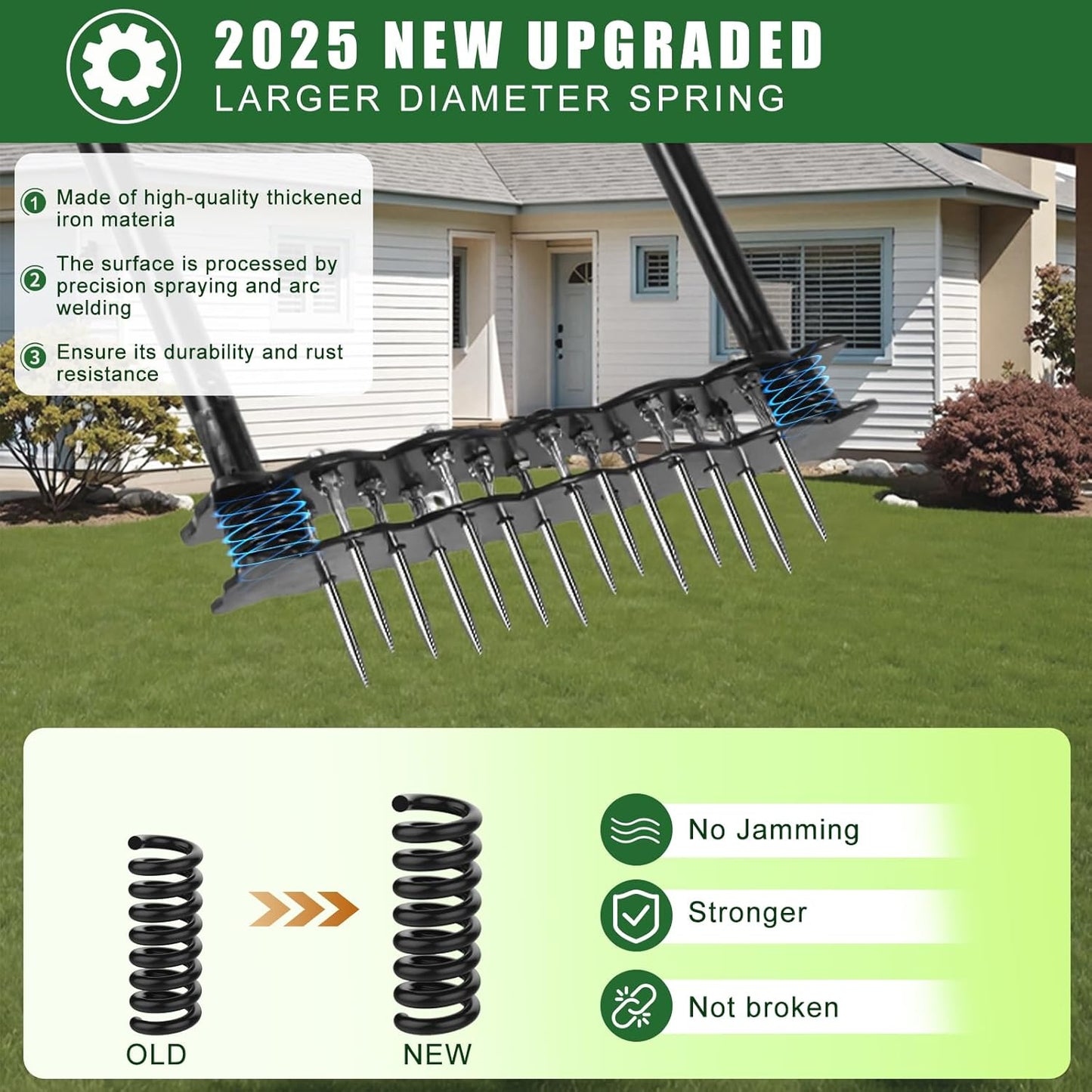 Lawn Aerator Tool,Manual Stainless Steel Spike Aerator Lawn Tool with Spring Base, Automatic Dirt and Leaf Clean Design, Adjustable T-Handle, Soil Loosening, Yard Aerating, Garden Tool Black