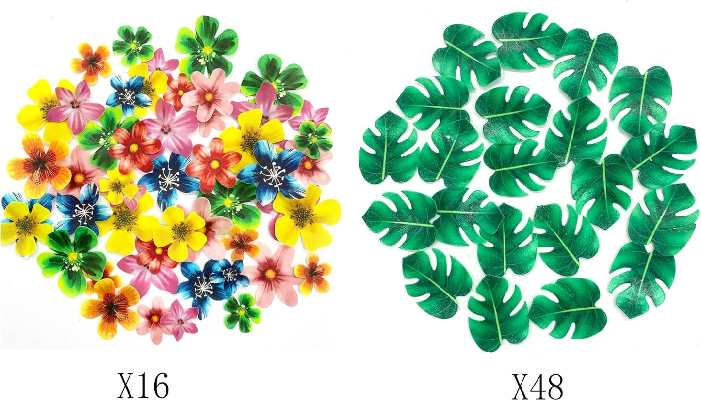 64Pcs Tropical Palm Leaves and Hawaii Flowers Cupcake Toppers Hawaii Theme Cake Decoration for Jungle Summer Party Birthday Wedding Cake Decor