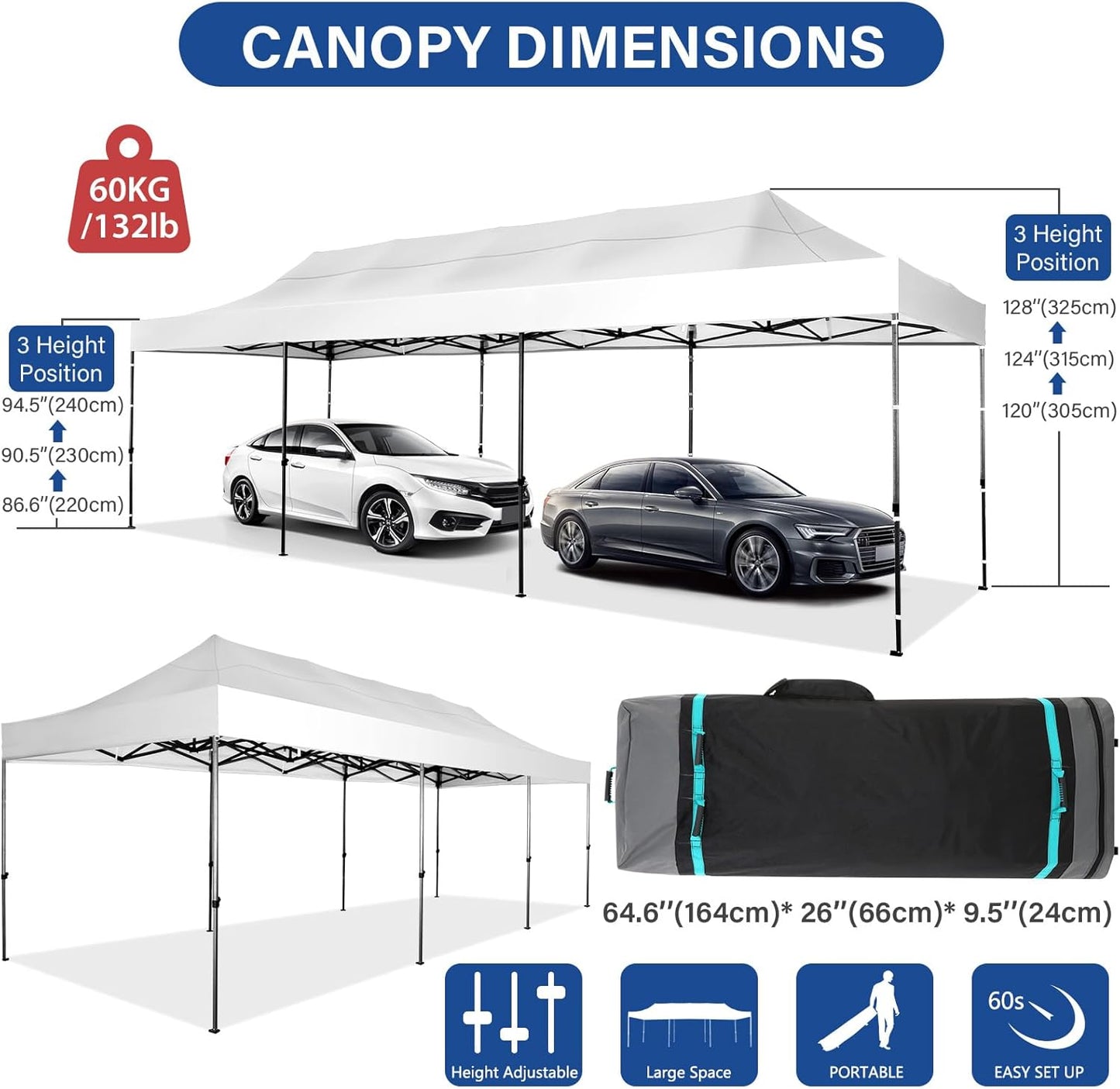 COBIZI 10x30 Pop up Canopy Heavy Duty Without Sidewalls, Easy Set-up Commercial Outdoor Party, 100% Waterproof Wedding Canopy Gazebo, 3 Height Adjustable with Wheeled Bag, White