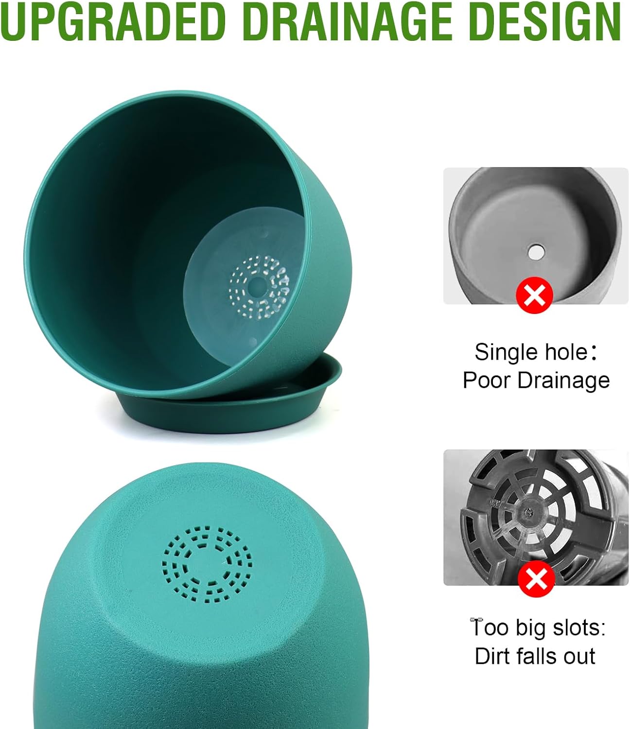 Large Flower Pots 12/10/9 inch, Set of 3 Modern Decorative Plastic Planters with Drainage Holes and Saucers for House Plants, Plant Pots for Indoor Outdoor Plants, Blue Green