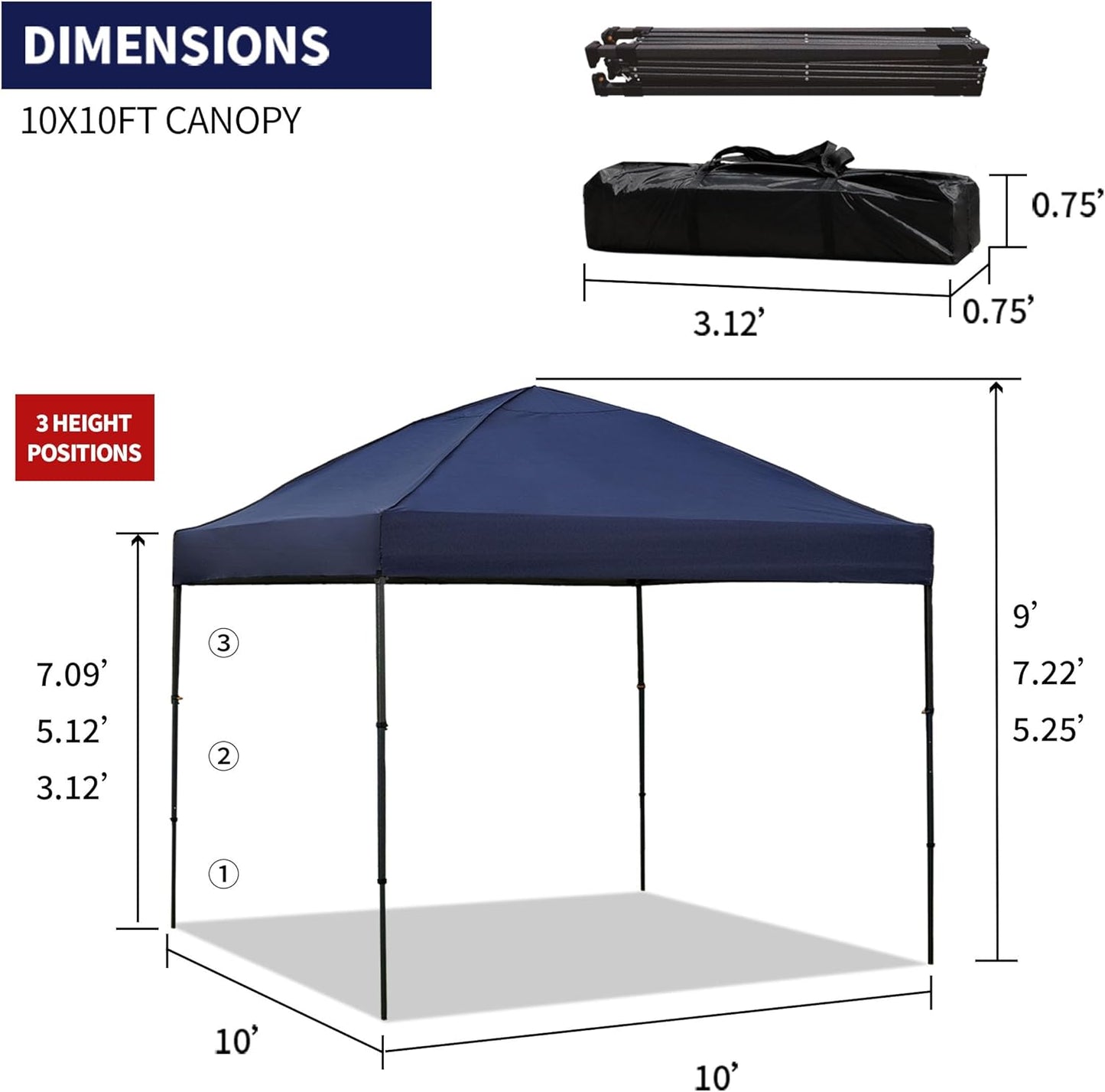 10x10 Pop Up Canopy Tent with 2 Sidewalls, Waterproof Shade Canopy with Sand Bags Outdoor Canopy Tent for Camping Beach Parties Backyard (Navy Blue)