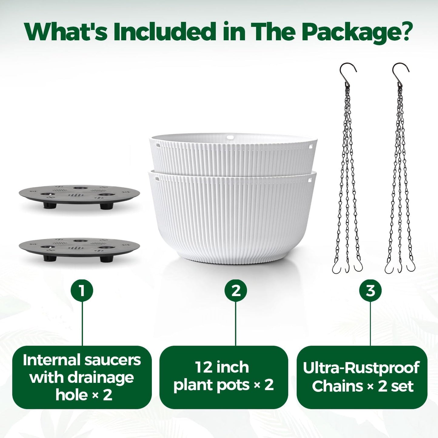 T4U 12 Inch Large Hanging Planters for Outdoor Plants, 2 Pack Self Watering Pots Indoor, Hanging Baskets for Plants,Hanging Flower Pot with Drainage Hole and Plant Hanger, White