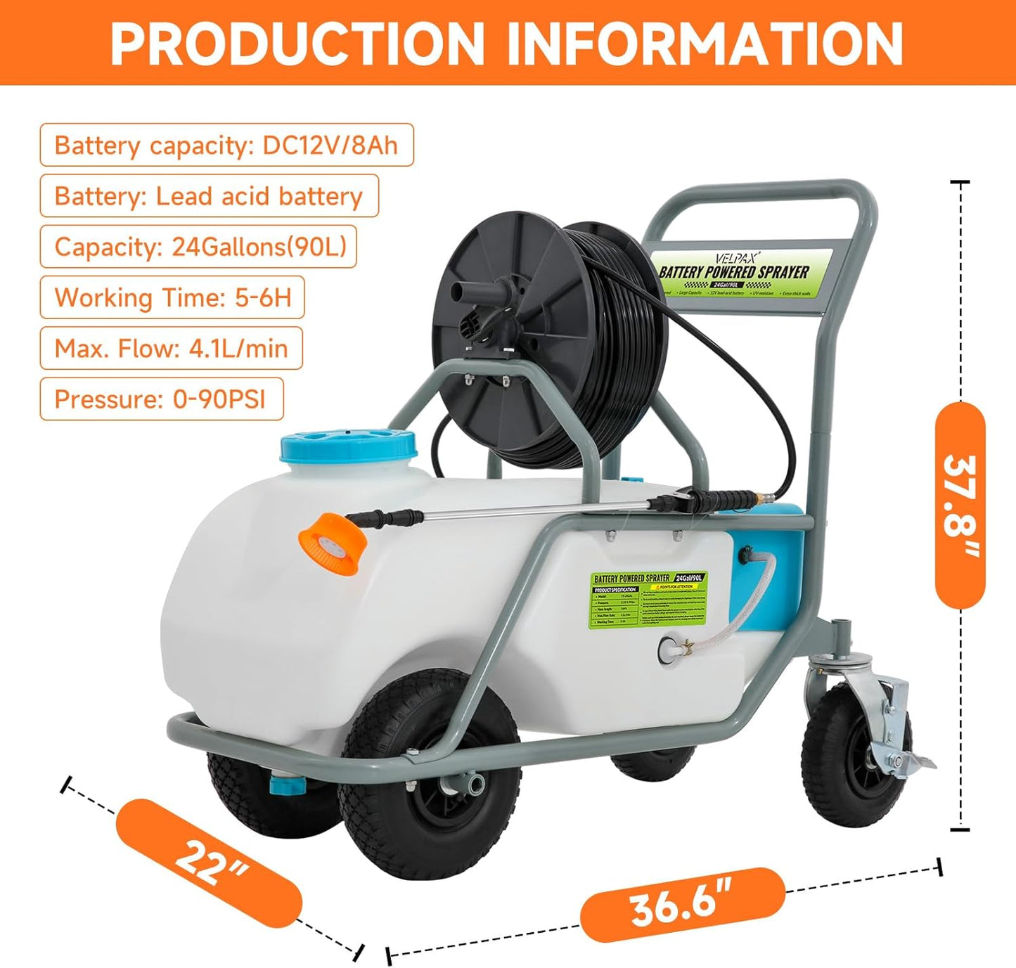 24 Gallon Battery Powered Sprayer,90 PSI Electric Pump,6 Hours Long Battery Life,12V 8Ah Battery,Adjustable HD Wand and 10 Nozzles,Portable Sprayer with Wheels for Lawn & Garden Spraying, Cleaning