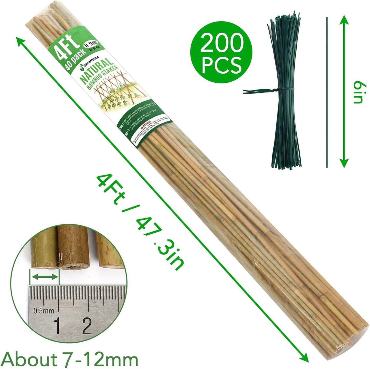 SWANGSA 40 Pack 4 Feet Bamboo Stakes for Plant, Bamboo Sticks Plant Support Garden Stakes Poles with 200pcs Twist Ties for Tomatoes, Beans, Flowers, Potted Plants, Indoor and Outdoor Climbing Plants