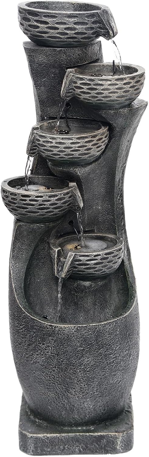 35.83''H Indoor Outdoor Modern Water Fountain 6-Tiers Garden Cascading Fountains Curve Shape Floor Standing Waterfall Water Feature with LED Light for Yard Deck Patio Home Art Decor