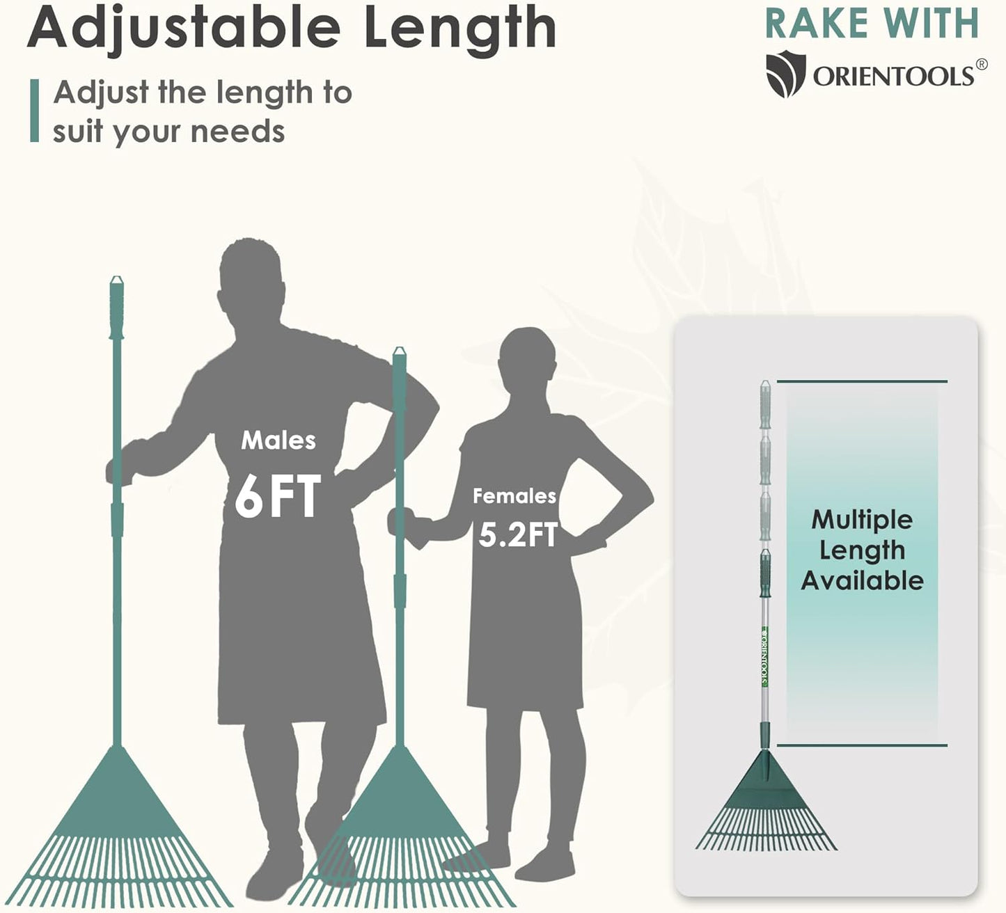 ORIENTOOLS Rake for Leaves,Adjustable Garden Leaf Rake ,Lightweight Steel Poly Yard Rake,22 Tines, 42 to 60 Inches (Silver Handle)