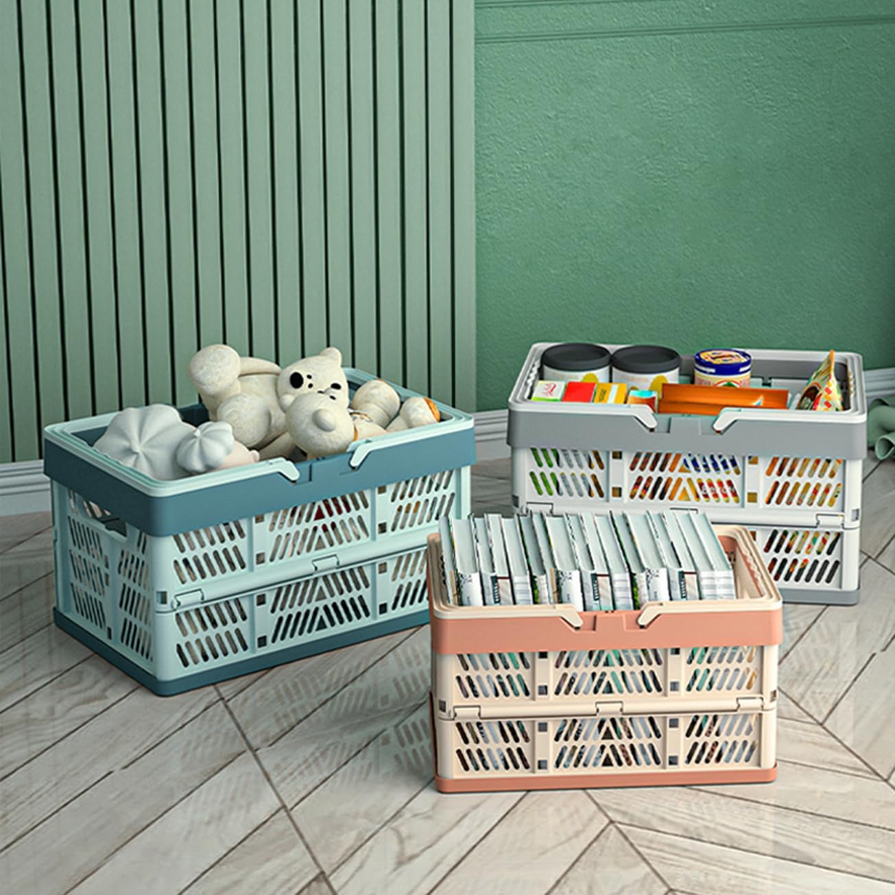 20L Plastic Collapsible Storage Crate - Foldable Handle Crate Storage Basket Bin - White & Gray M