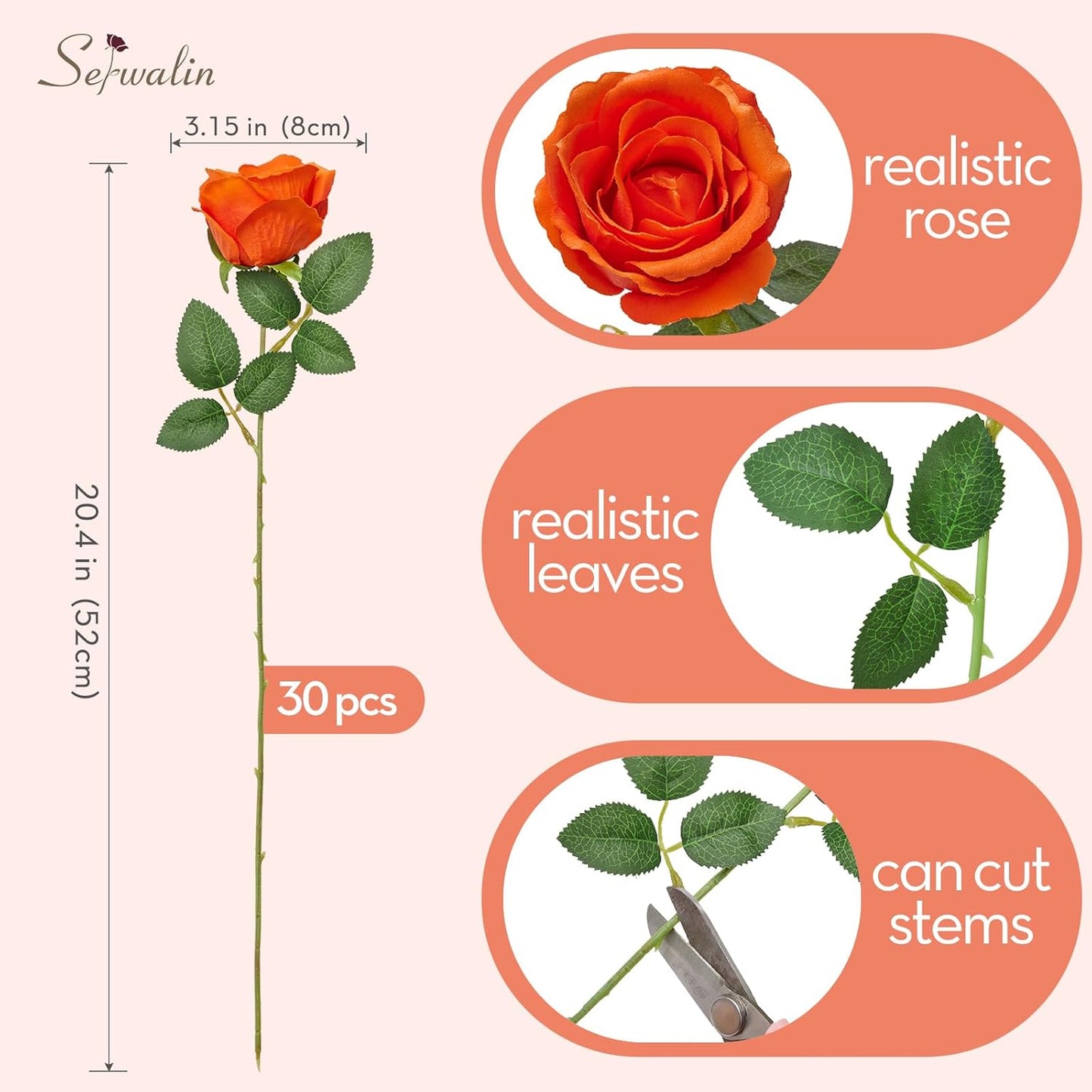 Serwalin 30pcs Artificial Roses Flowers, Orange Fake Roses with Long Stems Realistic Silk Roses for Wedding Bridal Bouquet Arrangement Centerpieces Party Home Decor